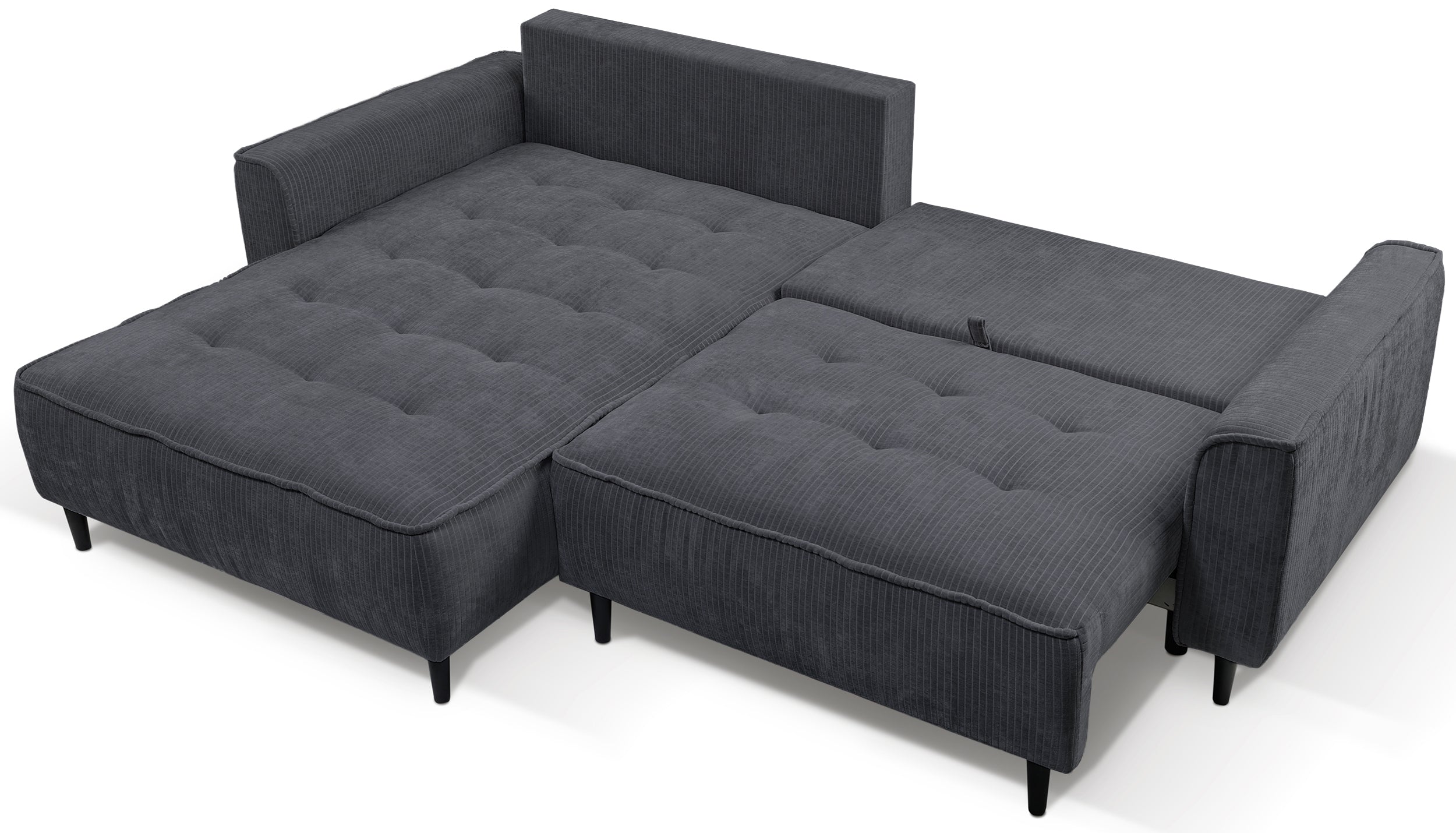 Ecksofa mit Schlaffunktion Blues, L-förmig, linksseitig, mit Stauraum, grafitfarbener Cordstoff