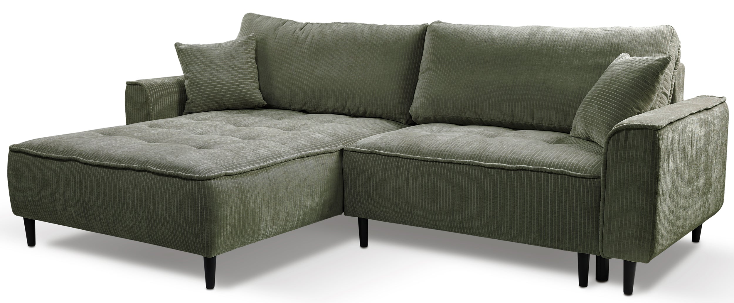 Ecksofa mit Schlaffunktion Blues, L-förmig, linksseitig, mit Stauraum, Salbeigrüner Cordstoff