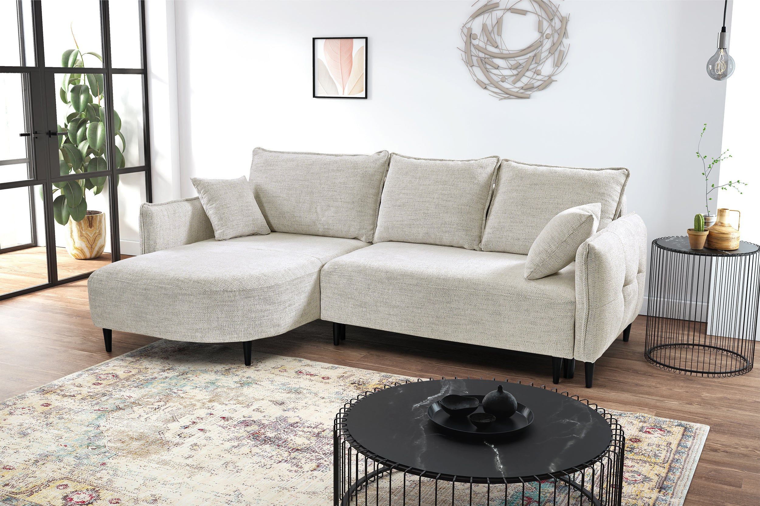 Ecksofa mit Schlaffunktion Oblivio mini, L-förmig, linksseitig, mit Stauraum, beige Geflecht