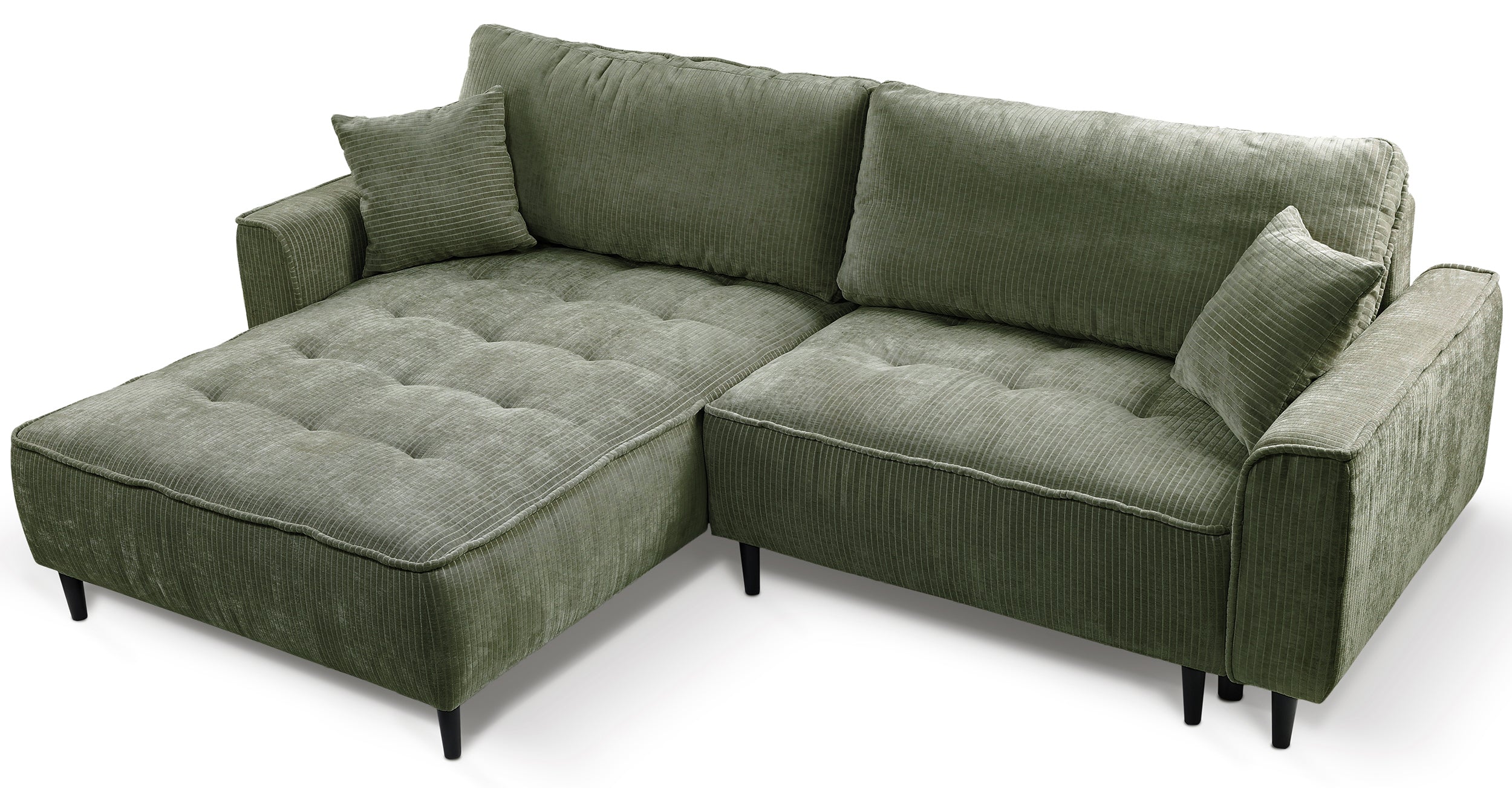 Ecksofa mit Schlaffunktion Blues, L-förmig, linksseitig, mit Stauraum, Salbeigrüner Cordstoff