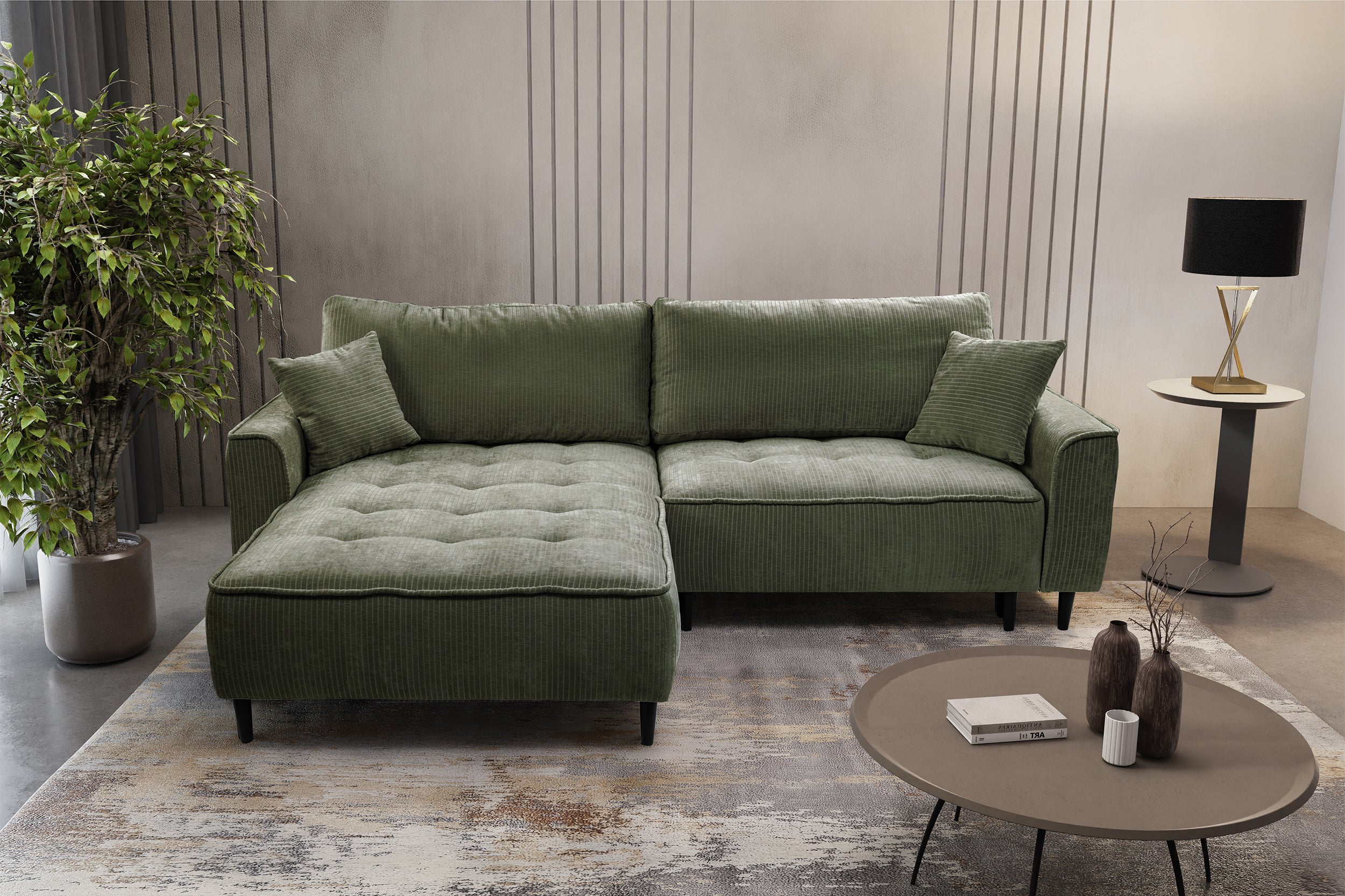 Ecksofa mit Schlaffunktion Blues, L-förmig, linksseitig, mit Stauraum, Salbeigrüner Cordstoff