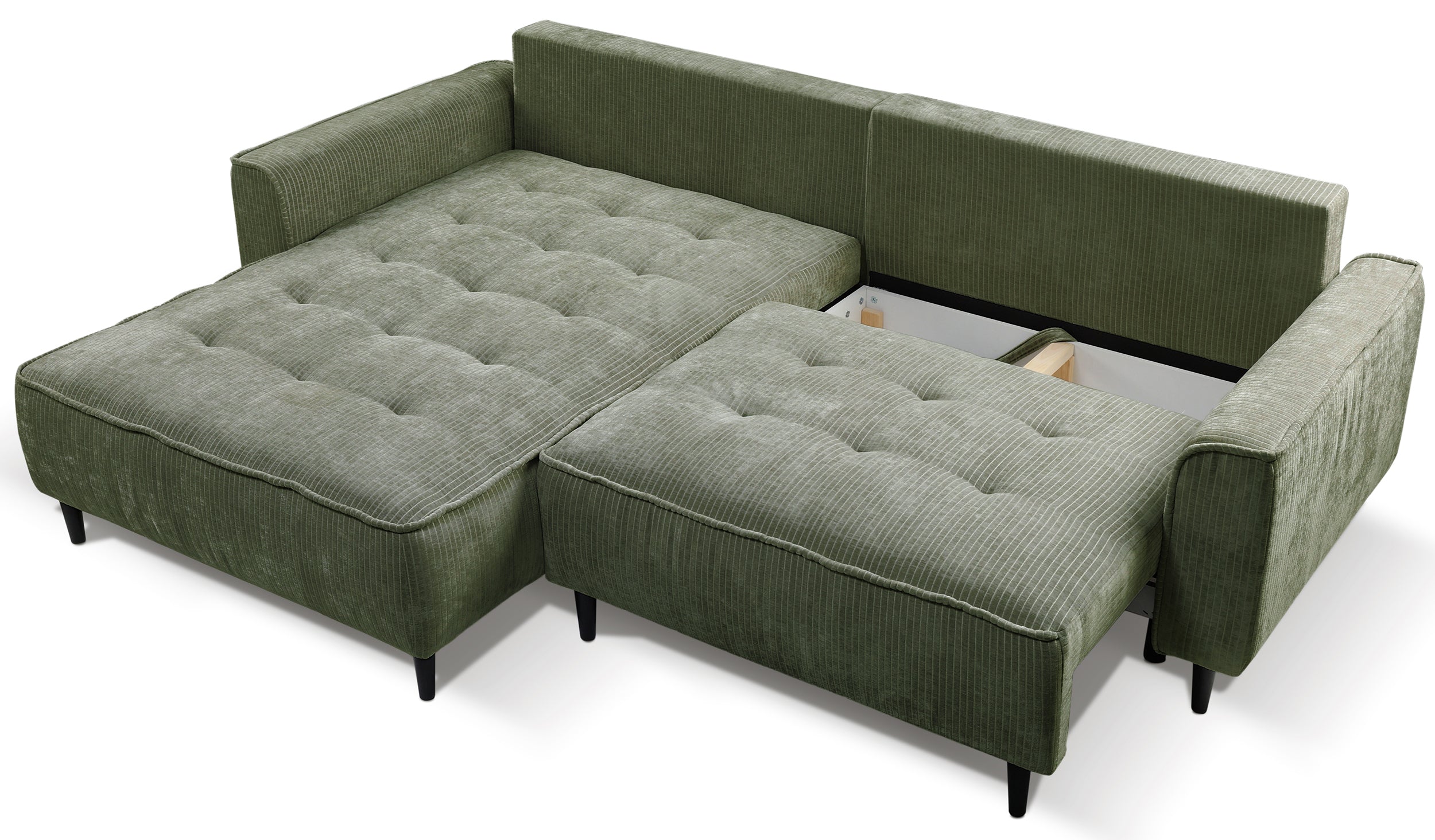 Ecksofa mit Schlaffunktion Blues, L-förmig, linksseitig, mit Stauraum, Salbeigrüner Cordstoff
