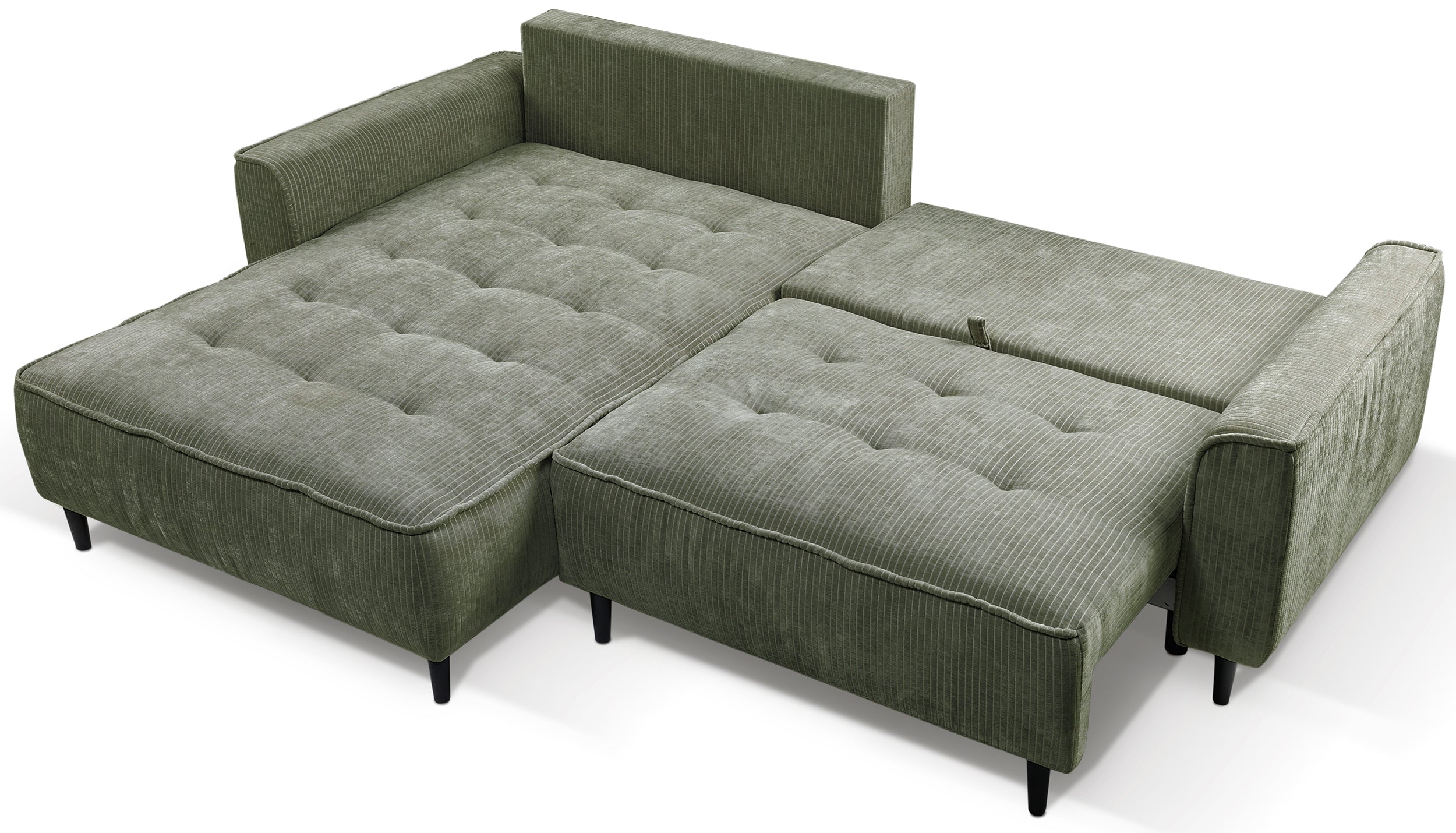 Ecksofa mit Schlaffunktion Blues, L-förmig, linksseitig, mit Stauraum, Salbeigrüner Cordstoff