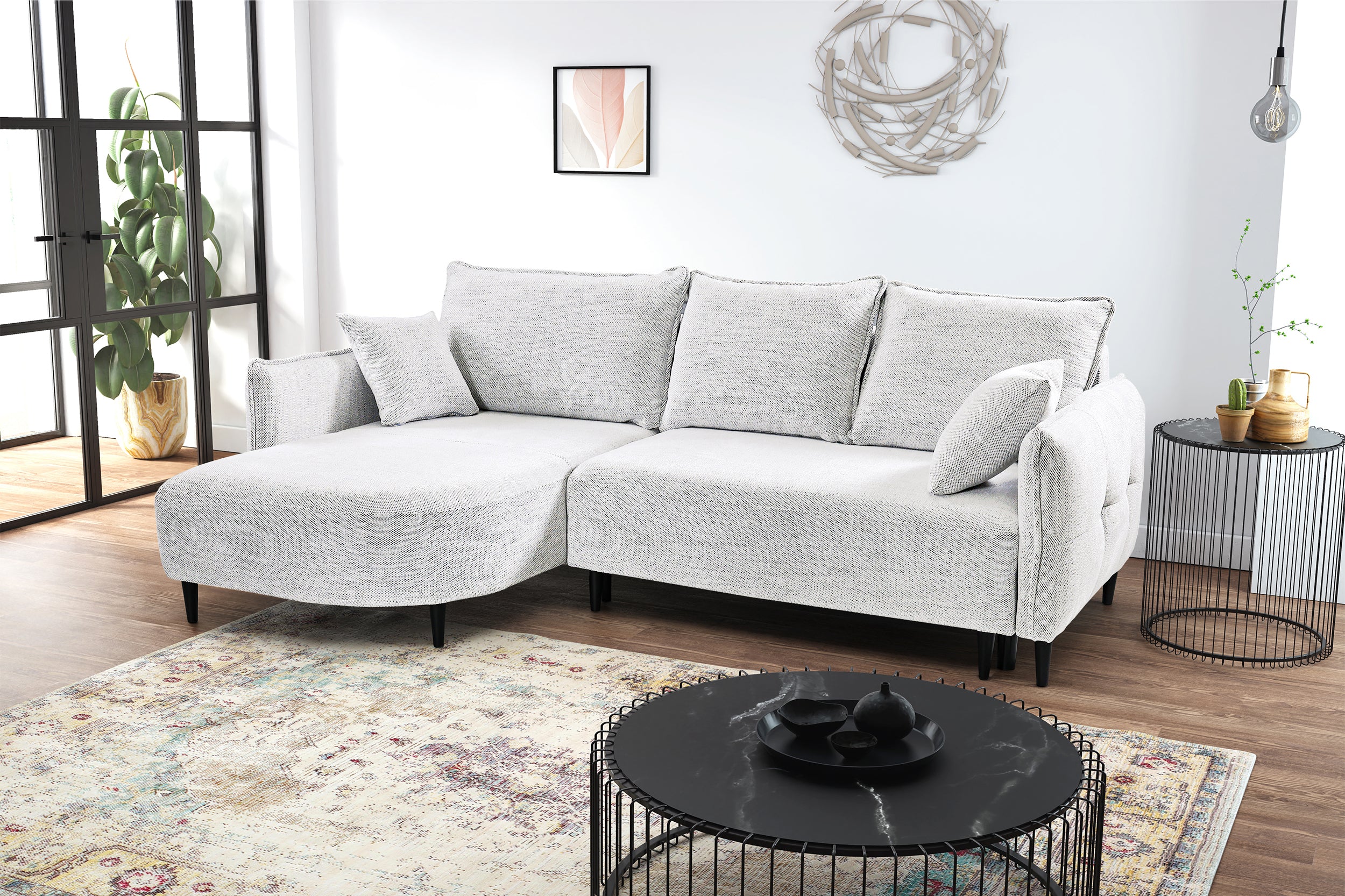 Ecksofa mit Schlafunktion Oblivio mini, L-förmig, linksseitig, mit Stauraum, weißes Geflecht