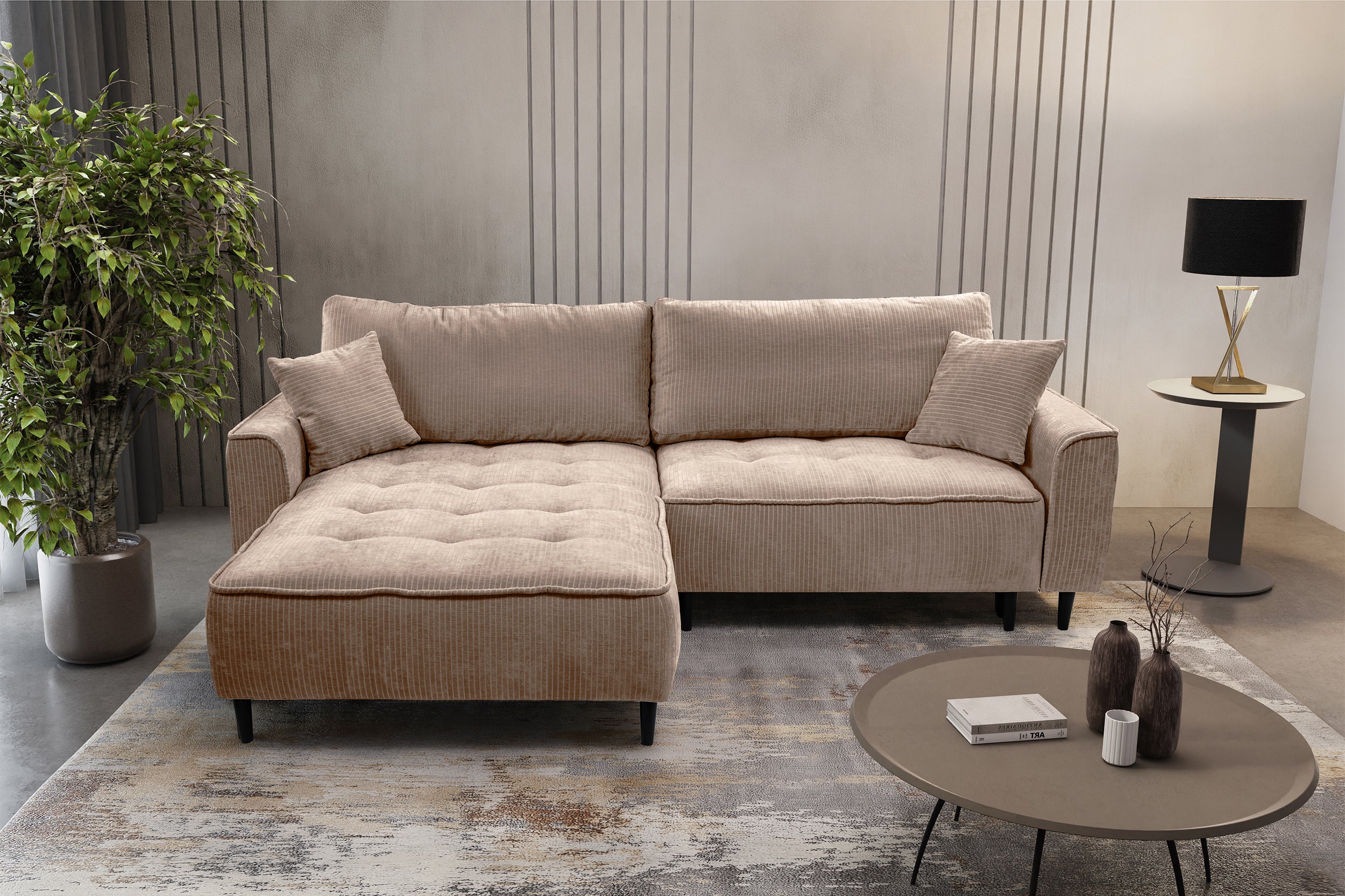 Ecksofa mit Schlafunktion Blues, L-förmig, linksseitig, mit Stauraum, beiger Cordstoff