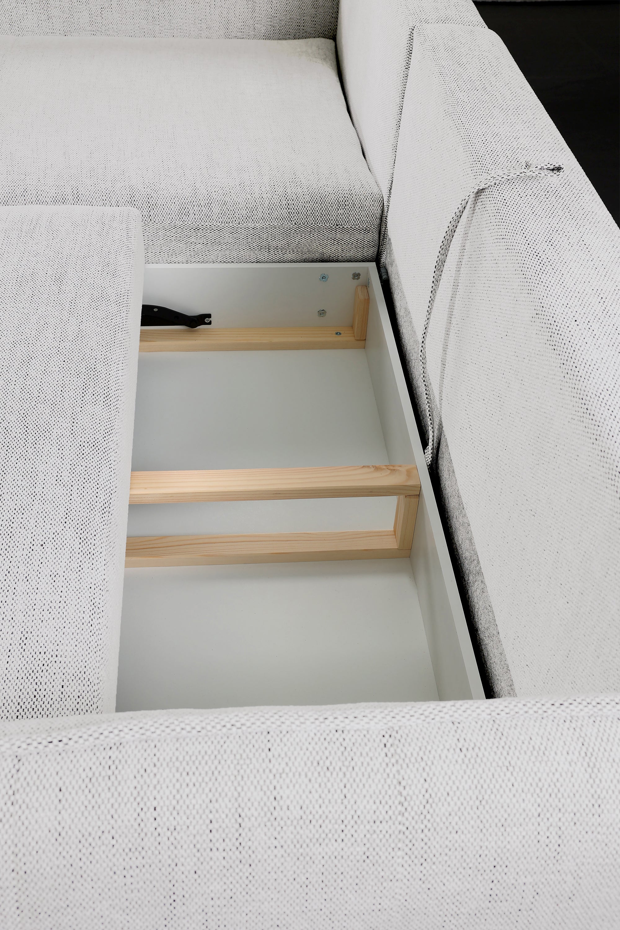 Ecksofa mit Schlafunktion Oblivio mini, L-förmig, linksseitig, mit Stauraum, weißes Geflecht