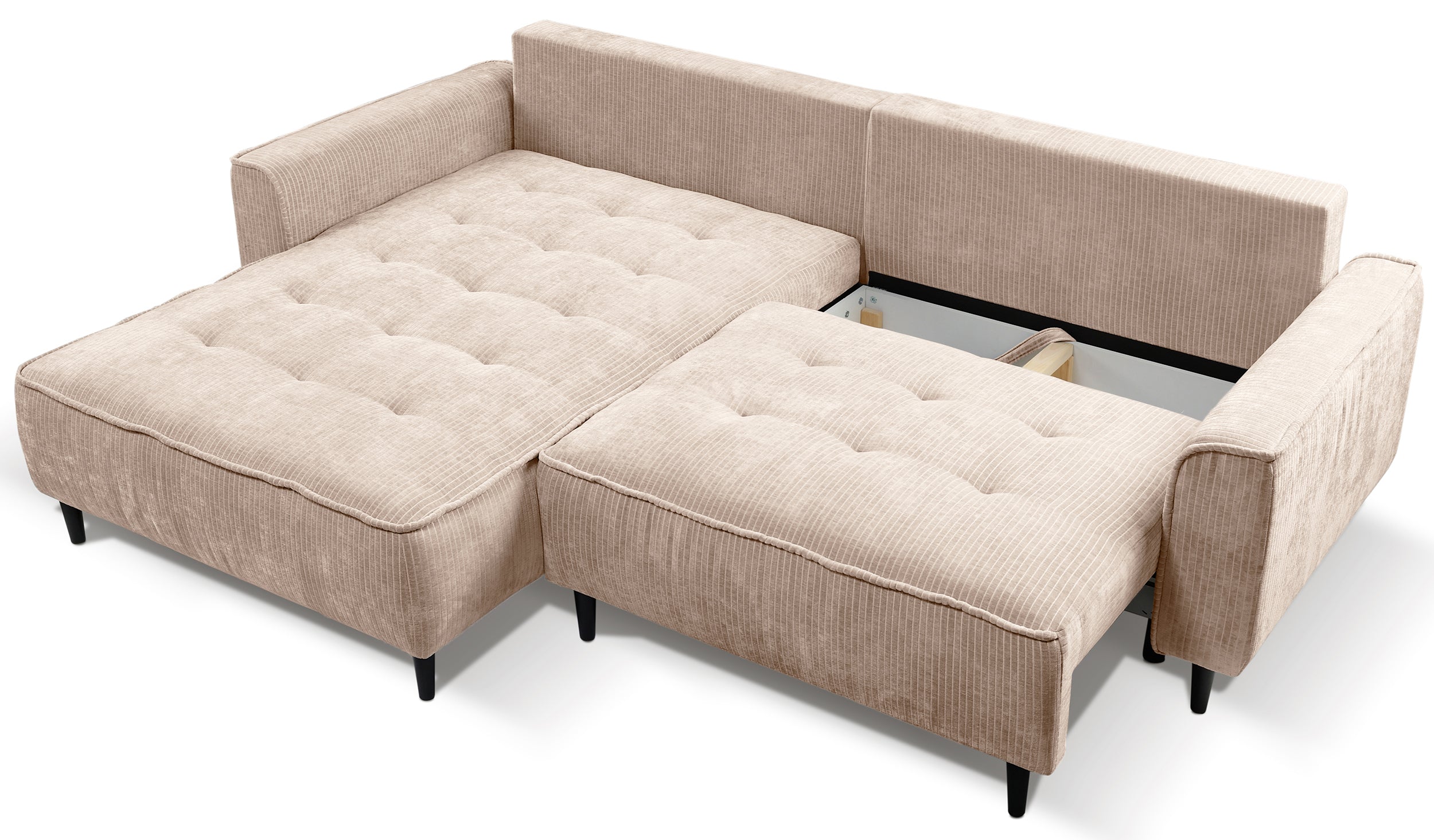 Ecksofa mit Schlafunktion Blues, L-förmig, linksseitig, mit Stauraum, beiger Cordstoff