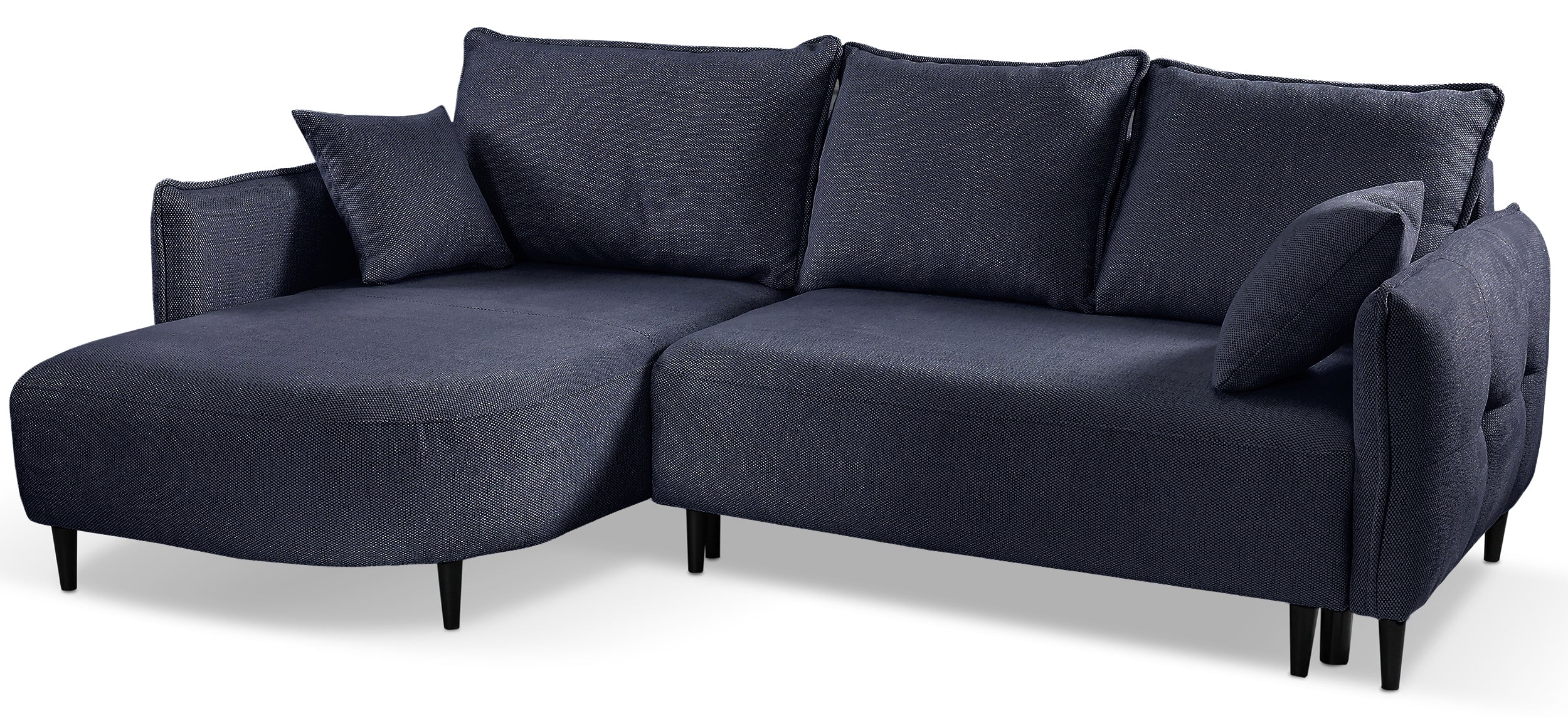 Ecksofa mit Schlaffunktion Oblivio Mini, L-förmig, linksseitig, mit Stauraum, marineblaue Flechtoptik