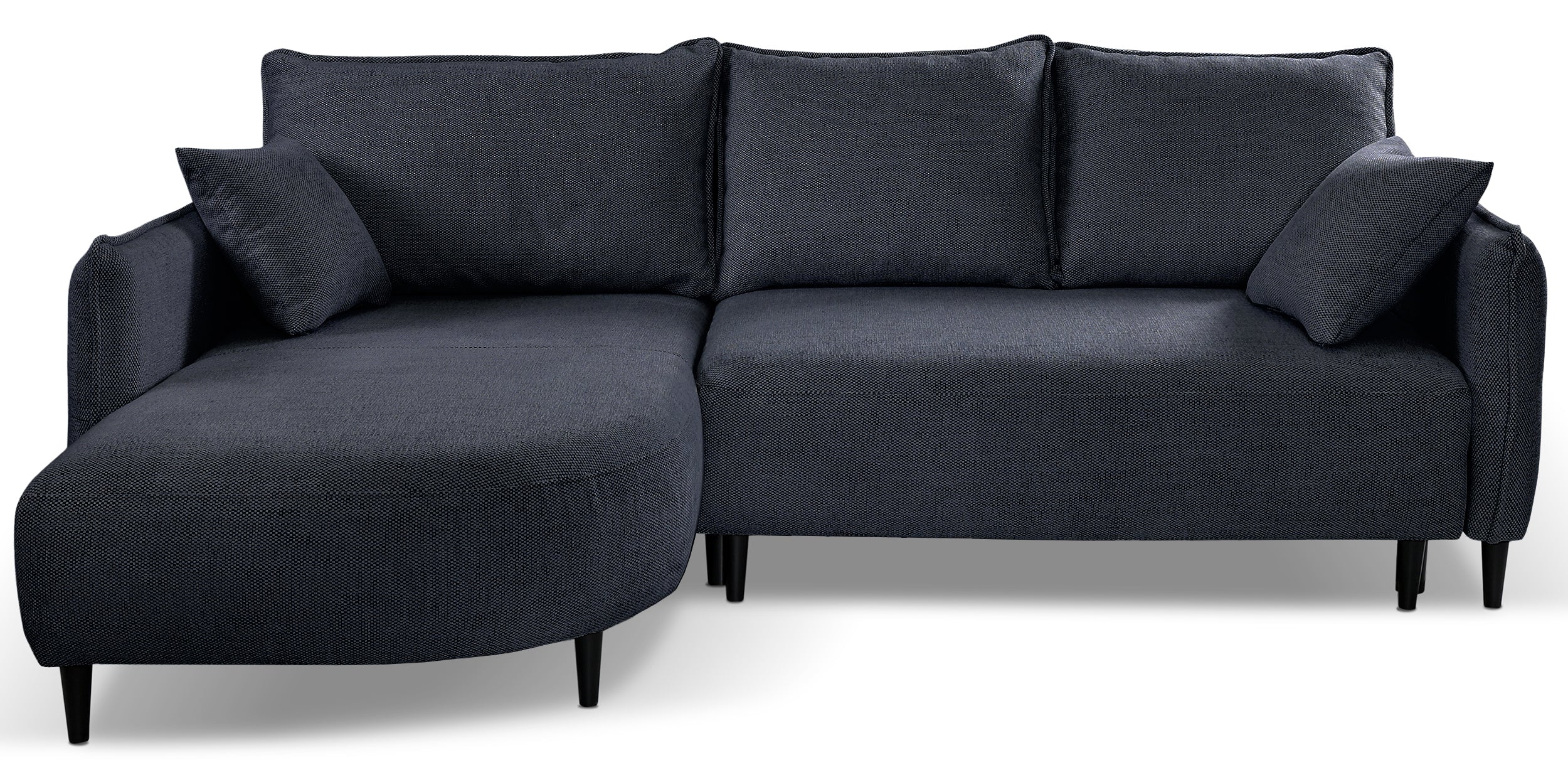 Ecksofa mit Schlaffunktion Oblivio Mini, L-förmig, linksseitig, mit Stauraum, marineblaue Flechtoptik