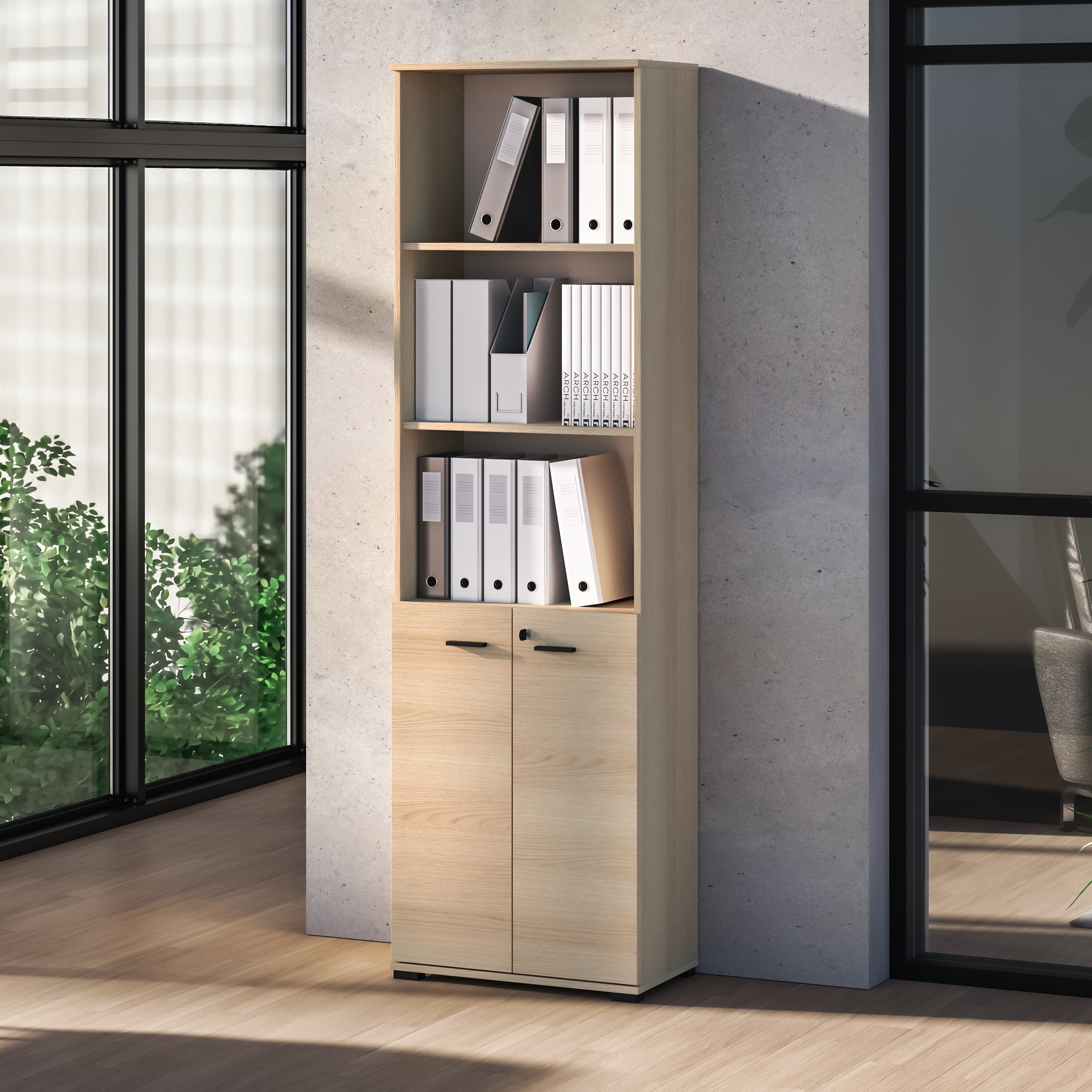 Zweituriges Regal Odelis mit drei offenen Regalböden, 60 cm, Lindberg-Eiche
