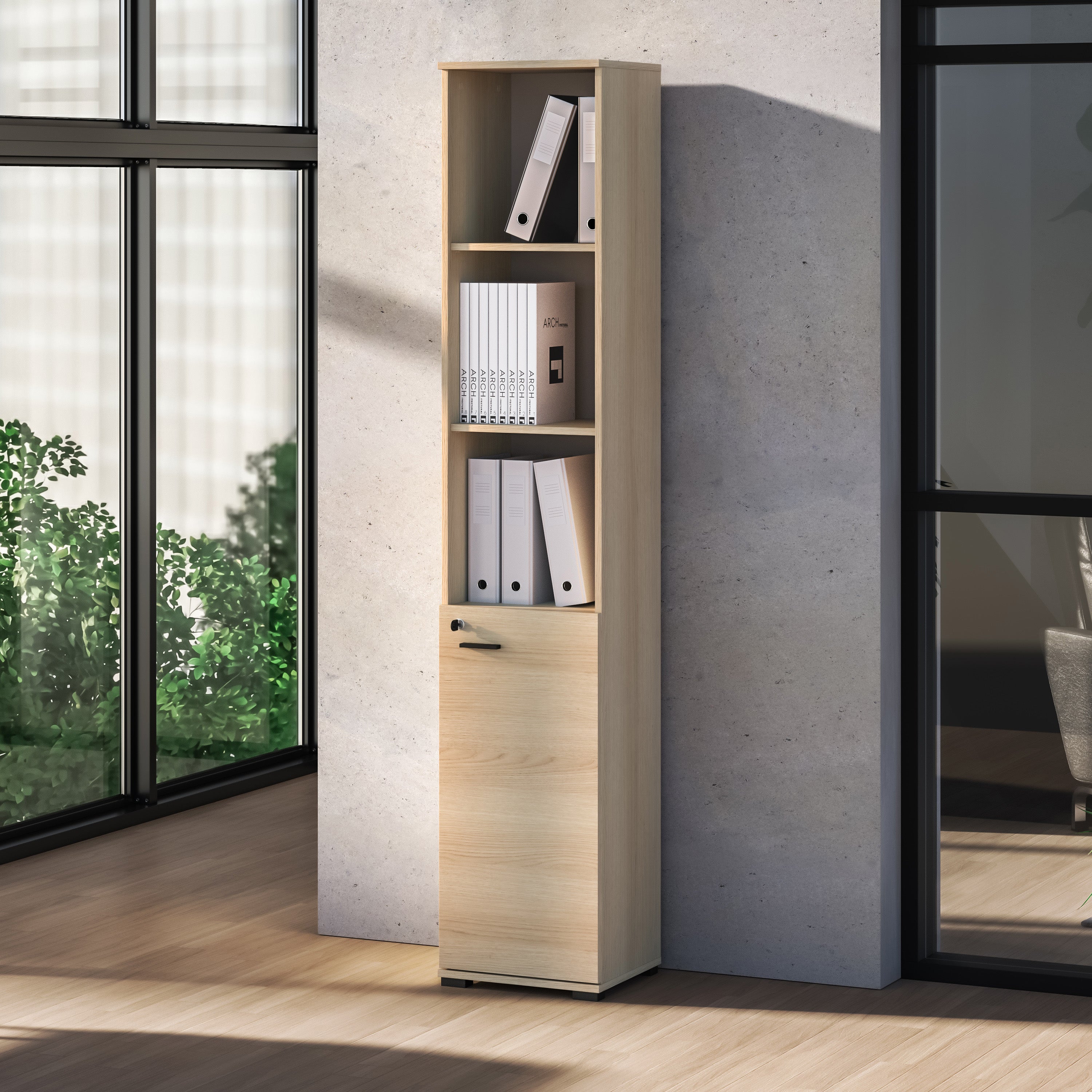 Einzeltür-Regal Odelis mit drei offenen Regalböden, 39 cm, Lindberg-Eiche