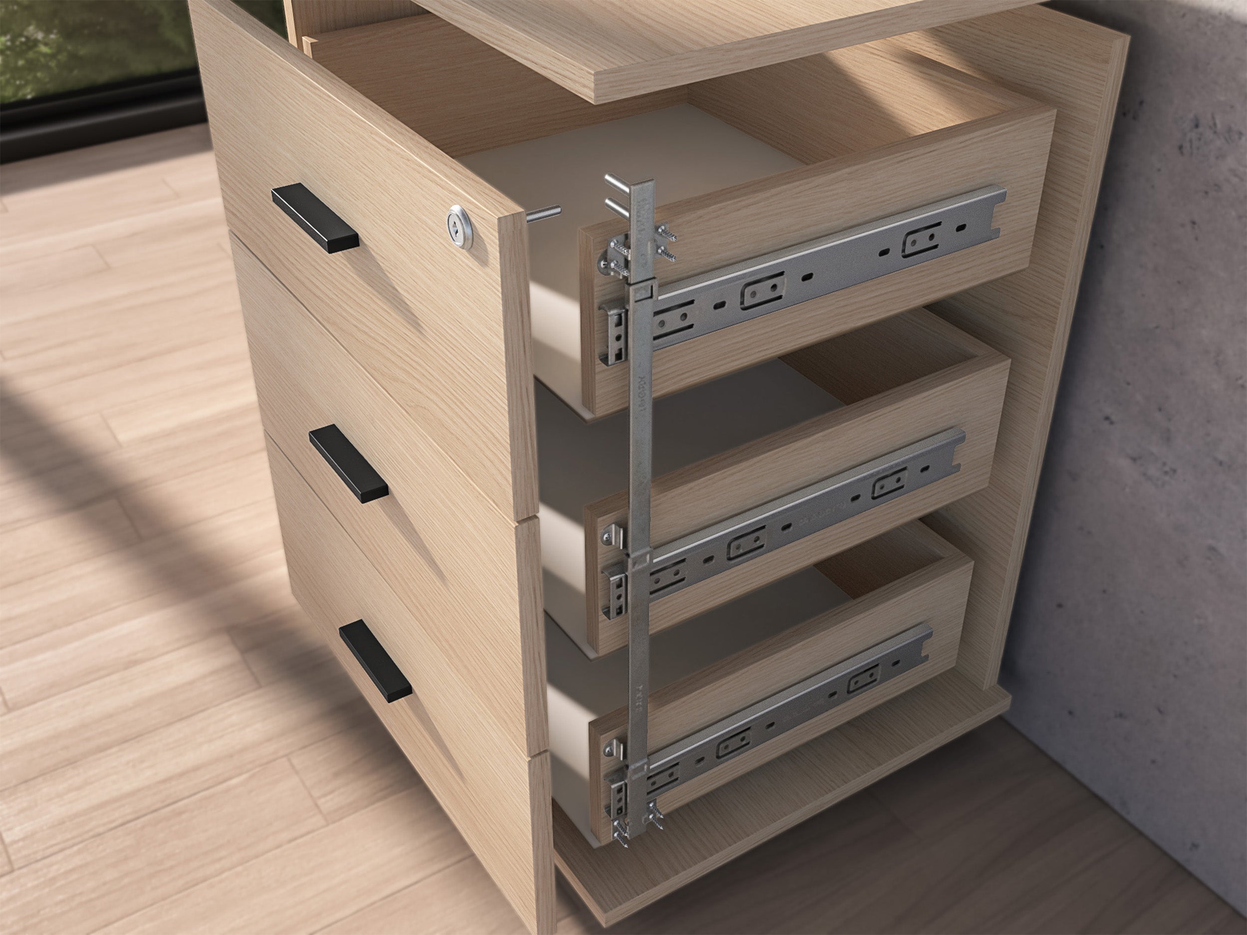 Odelis Bürocontainer auf Rollen mit drei Schubladen, 46 cm, Lindberg-Eiche