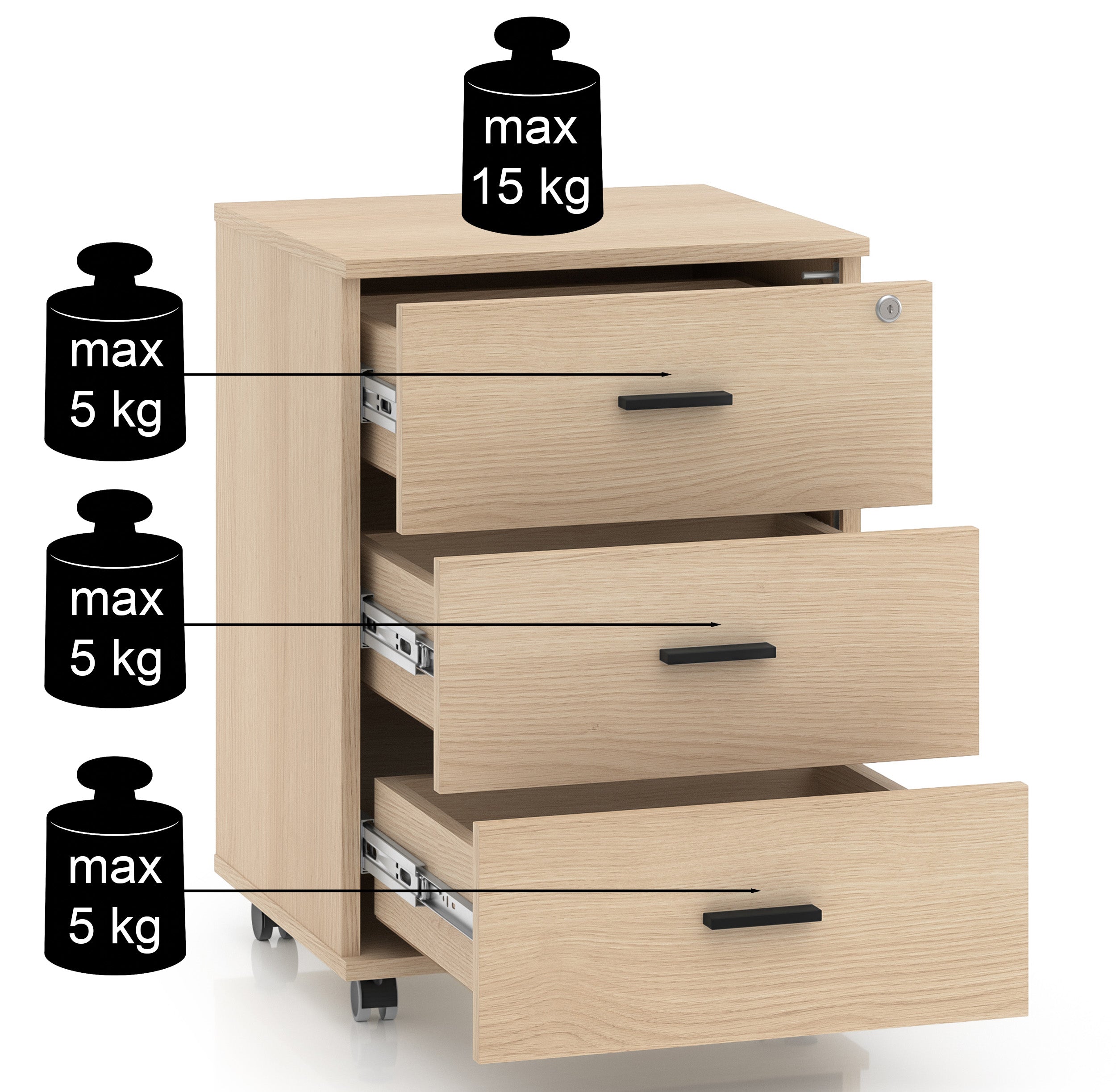 Odelis Bürocontainer auf Rollen mit drei Schubladen, 46 cm, Lindberg-Eiche