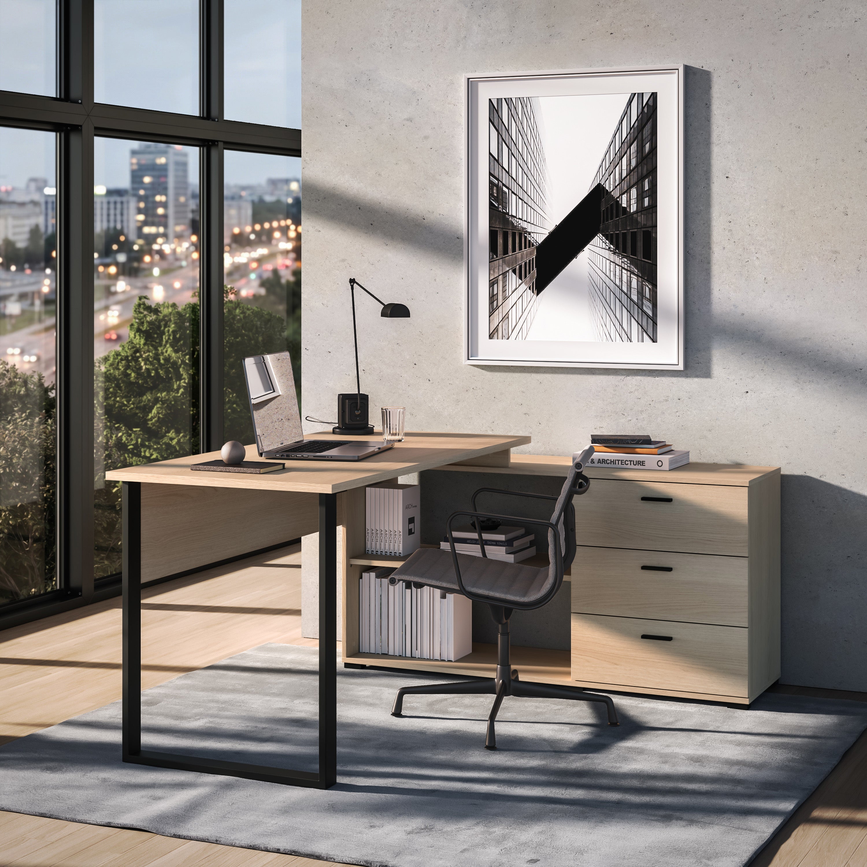 Eckschreibtisch mit Schrank Odelis mit drei Schubladen 168x138 cm Lindberg-Eiche