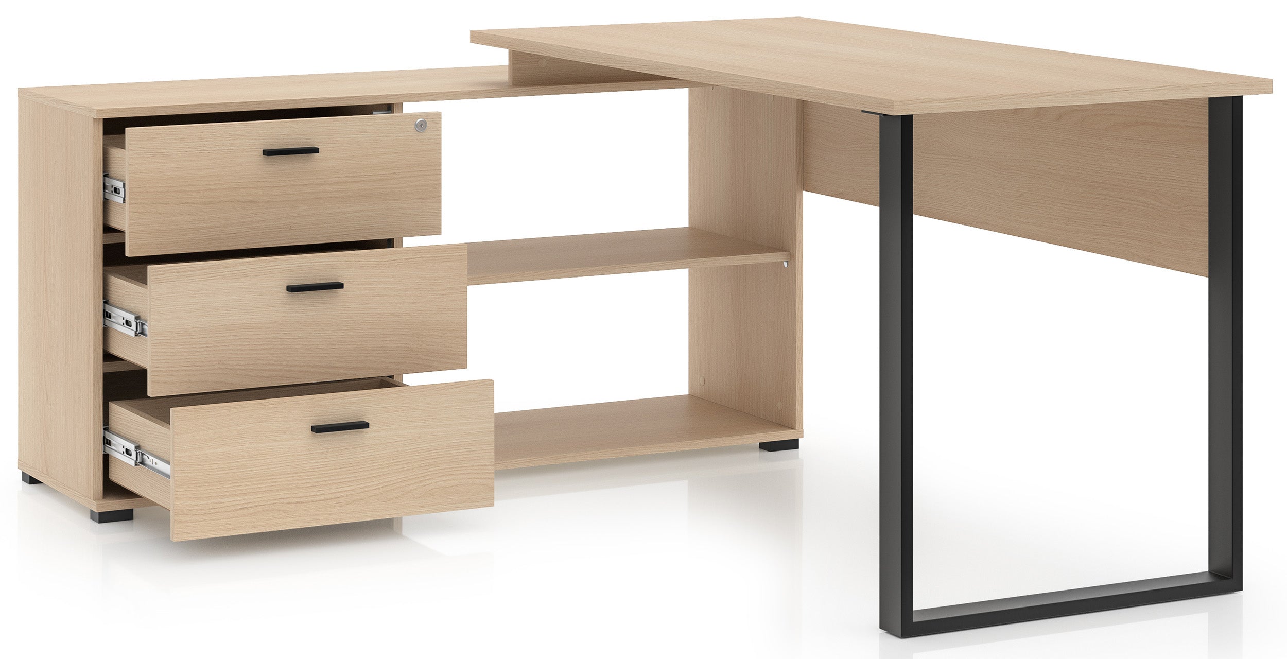 Eckschreibtisch mit Schrank Odelis mit drei Schubladen 168x138 cm Lindberg-Eiche