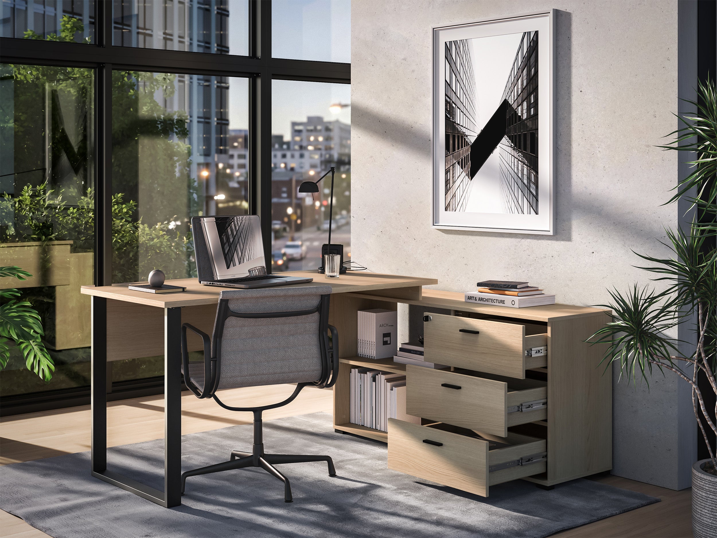 Eckschreibtisch mit Schrank Odelis mit drei Schubladen 168x138 cm Lindberg-Eiche