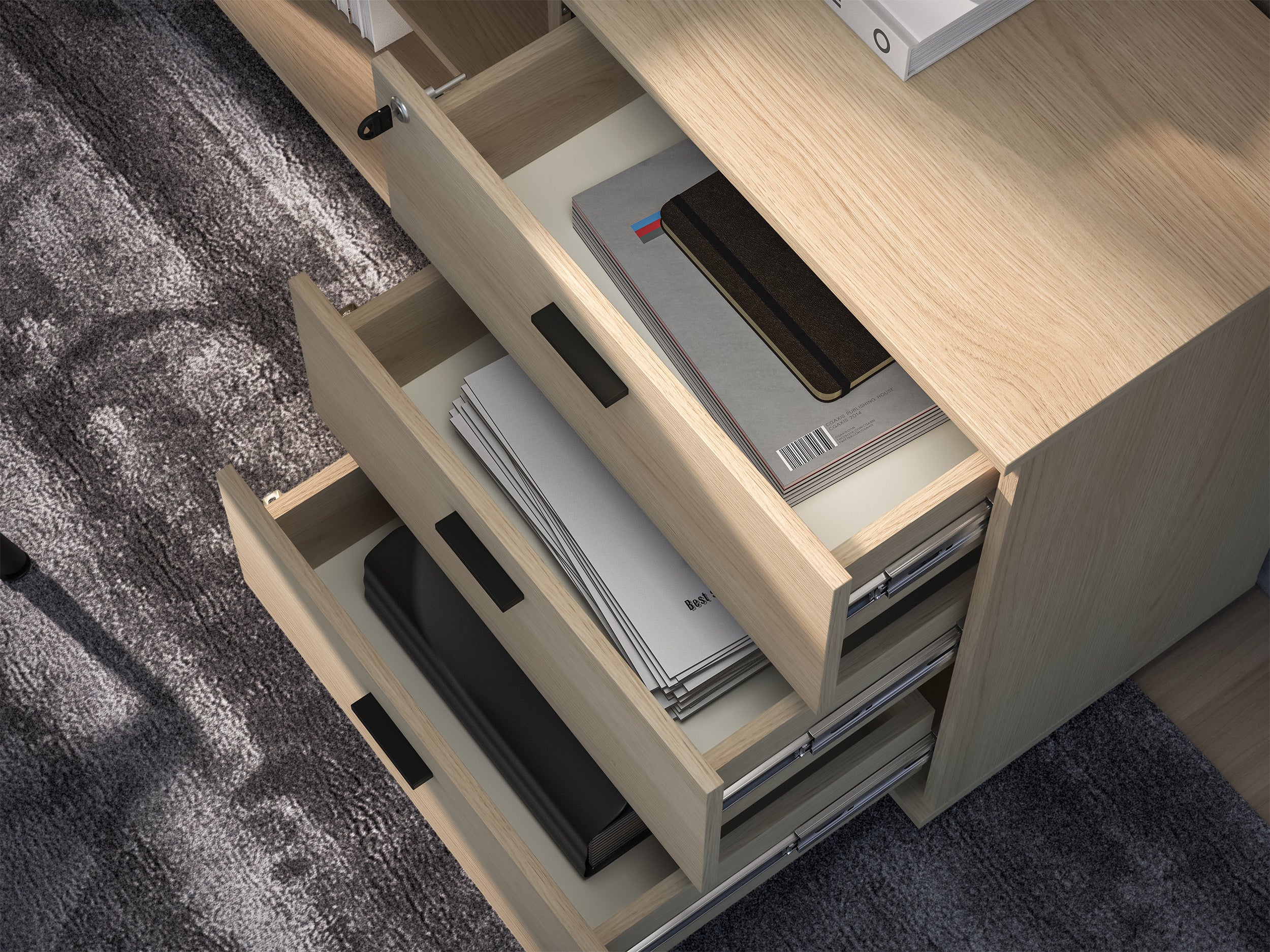 Eckschreibtisch mit Schrank Odelis mit drei Schubladen 168x138 cm Lindberg-Eiche