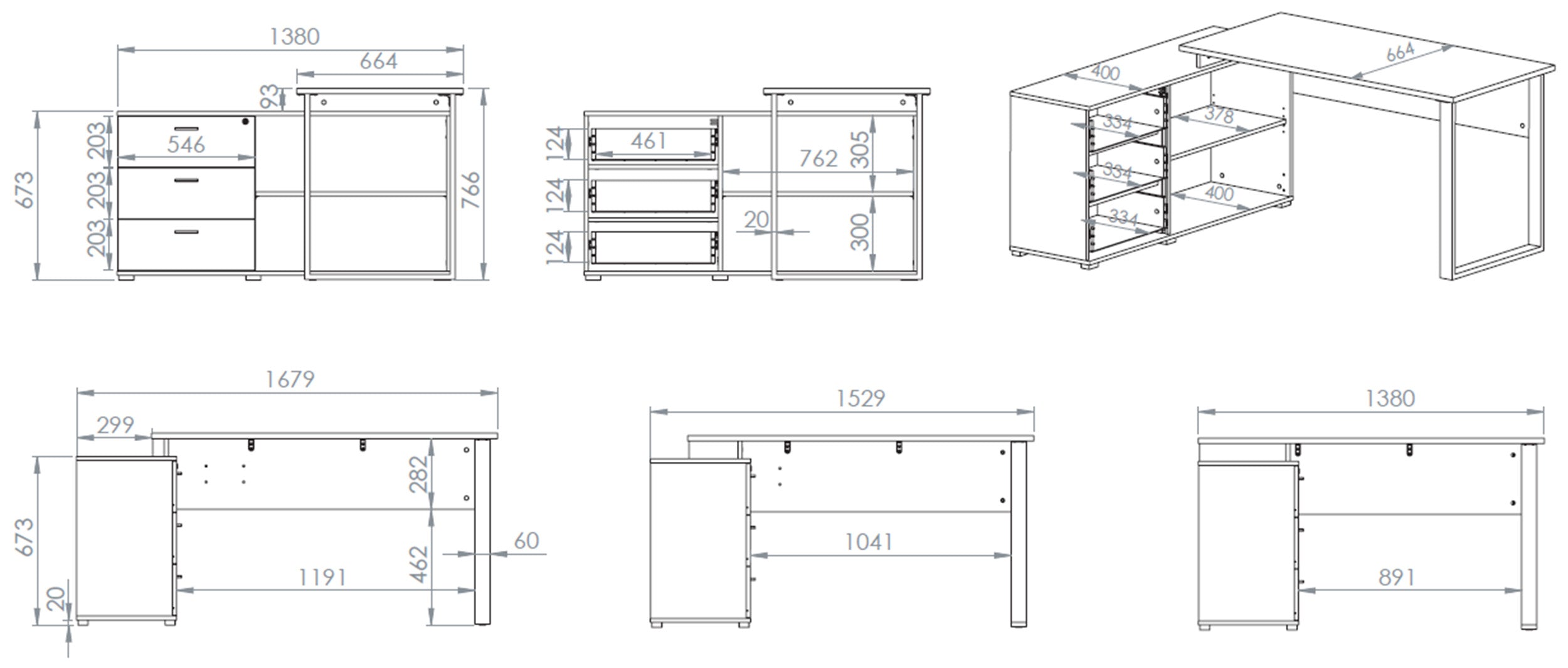Eckschreibtisch mit Schrank Odelis mit drei Schubladen 168x138 cm Lindberg-Eiche