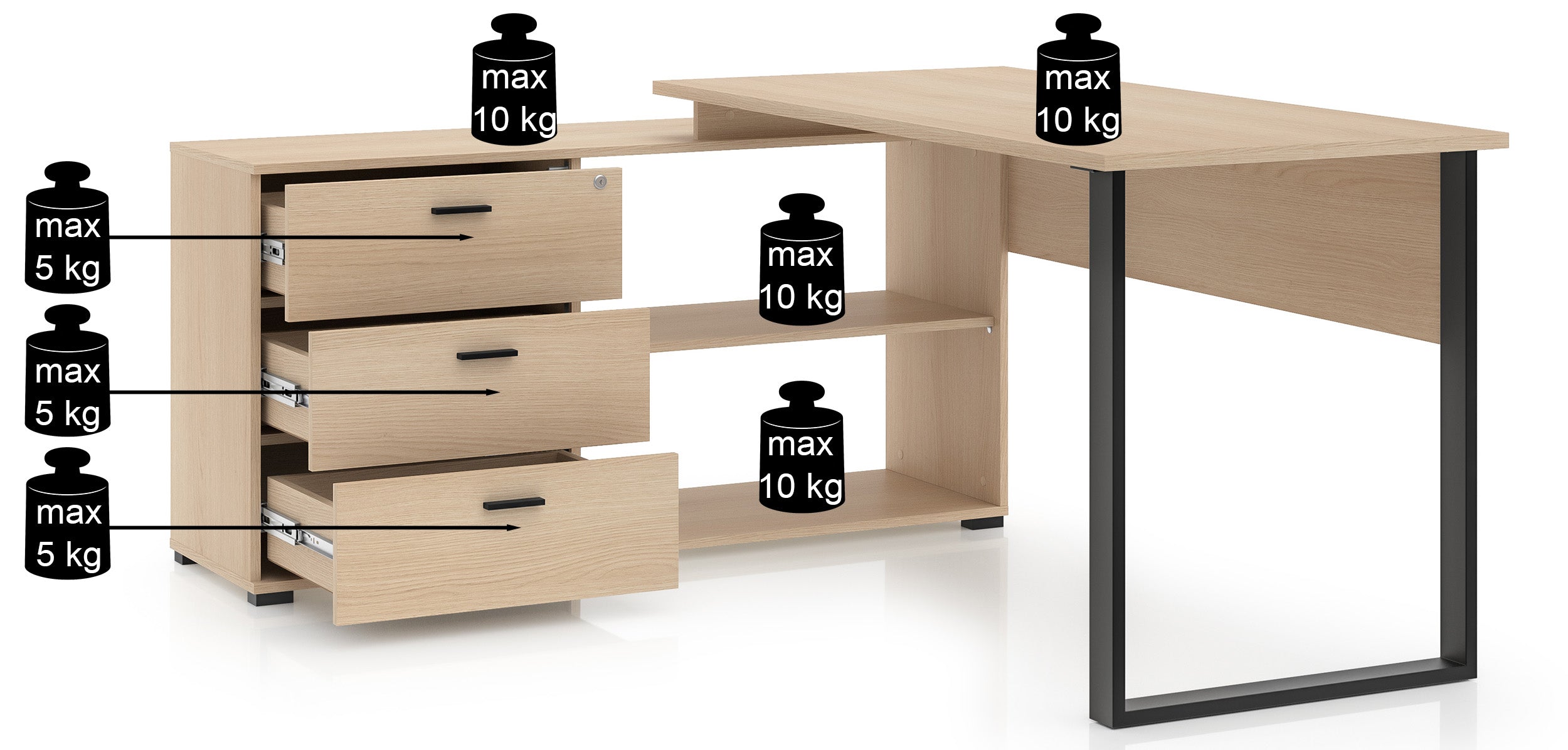 Eckschreibtisch mit Schrank Odelis mit drei Schubladen 168x138 cm Lindberg-Eiche