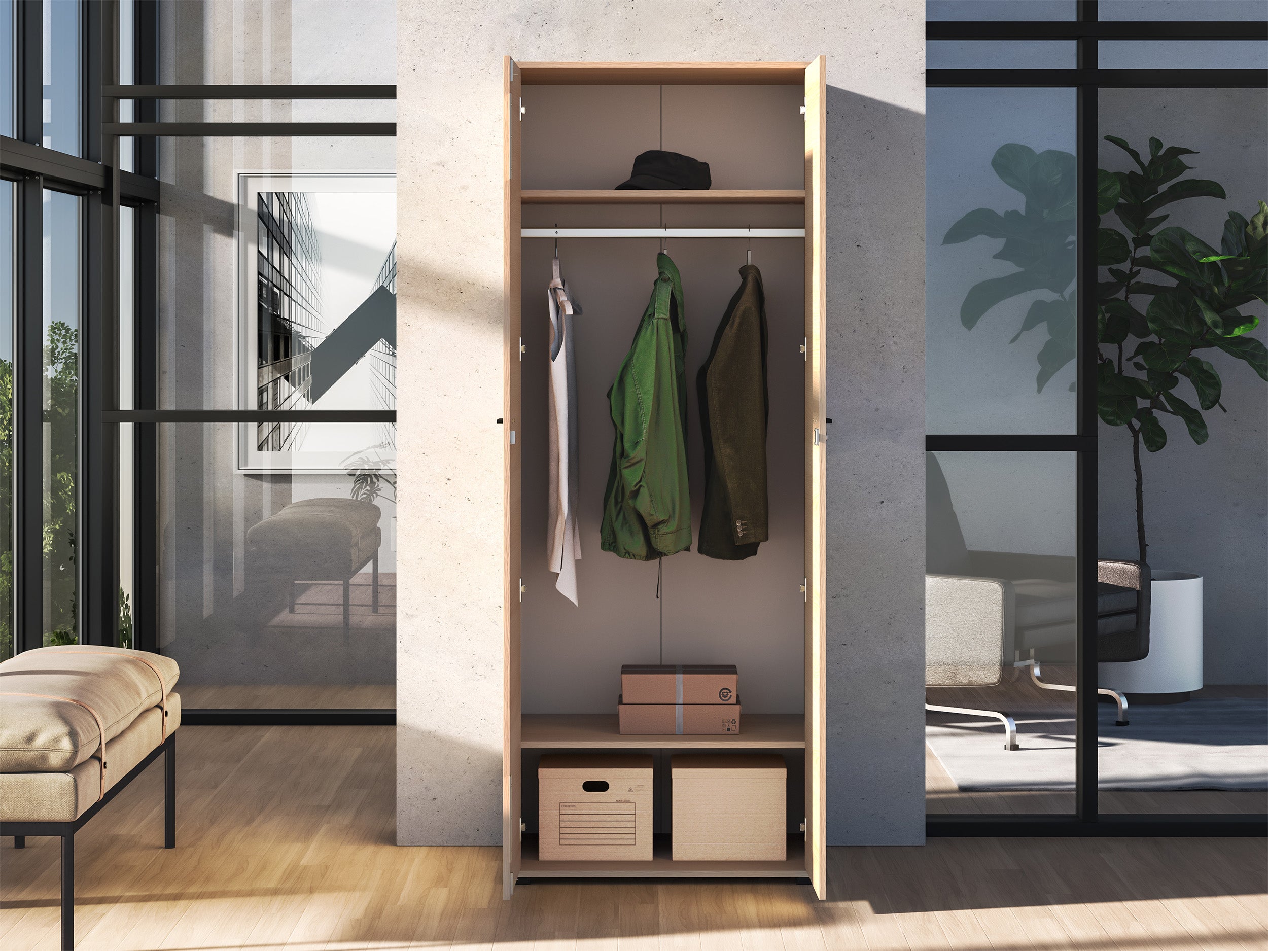 Zweiflügeliger Kleiderschrank Odelis mit 79 cm Kleiderstange, Lindberg-Eiche