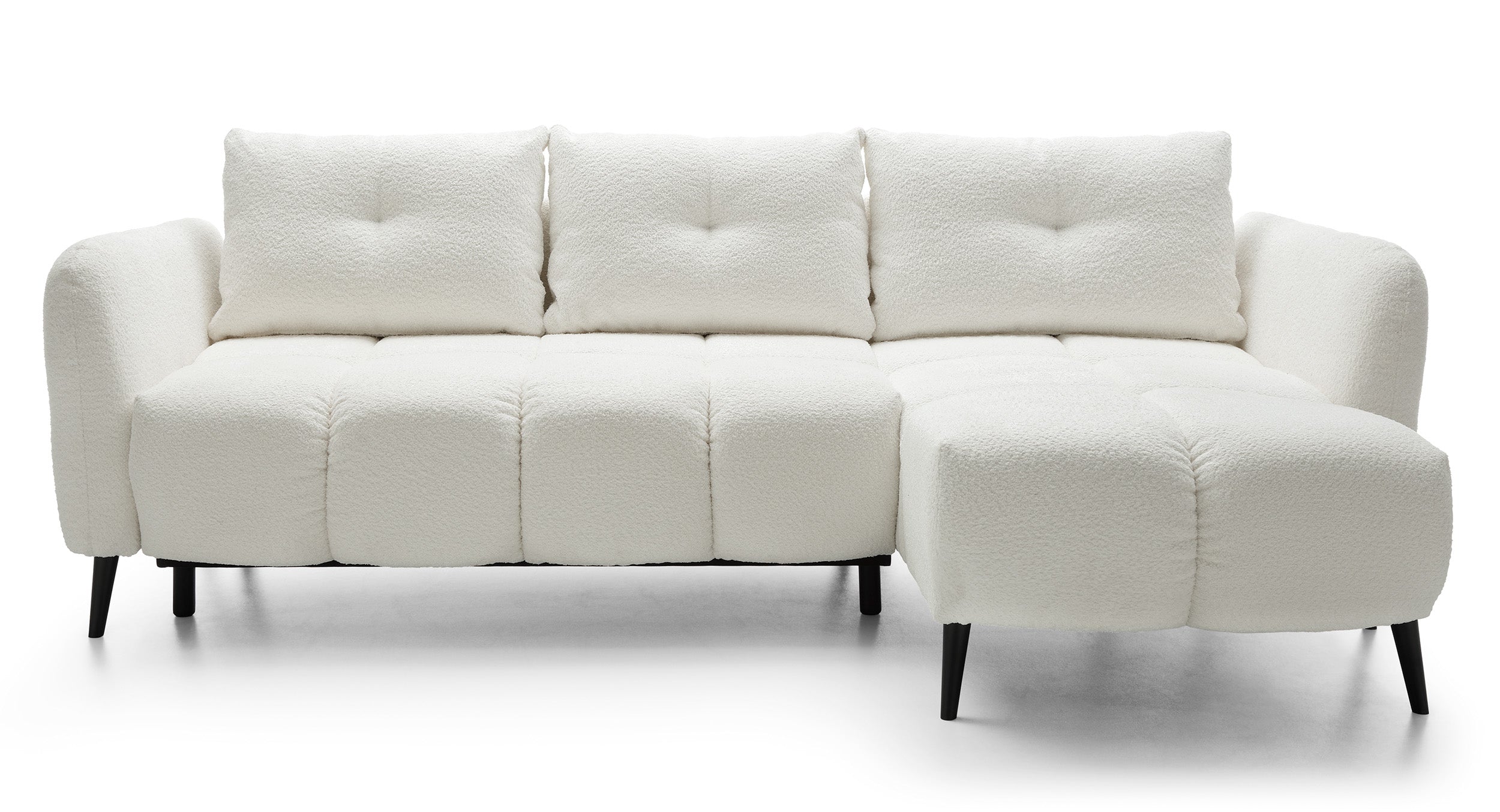 Ecksofa mit Schlaffunktion Odisso, L-förmig, mit Stauraum, cremefarbener Bouclé-Stoff, rechtsseitig