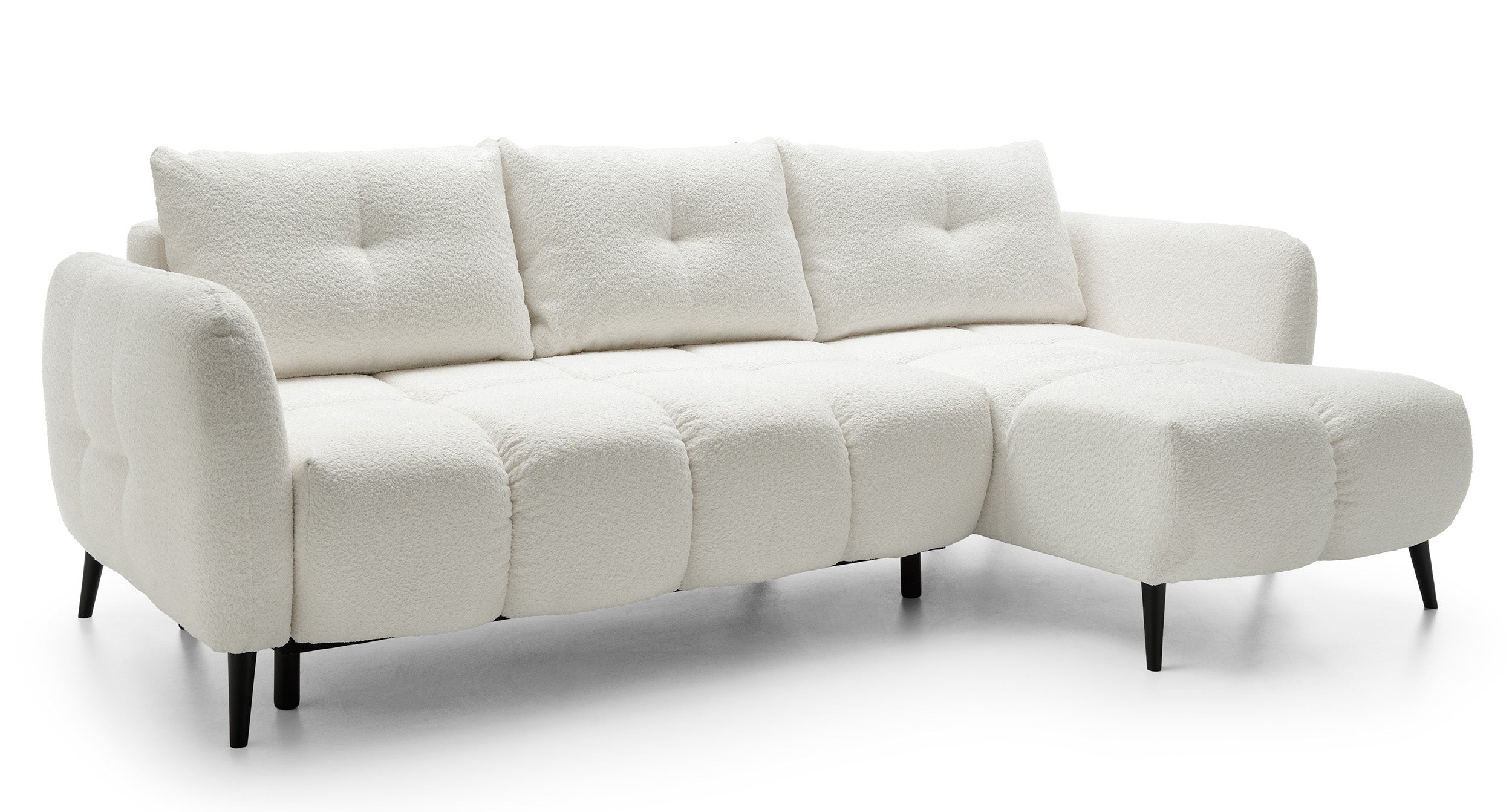 Ecksofa mit Schlaffunktion Odisso, L-förmig, mit Stauraum, cremefarbener Bouclé-Stoff, rechtsseitig