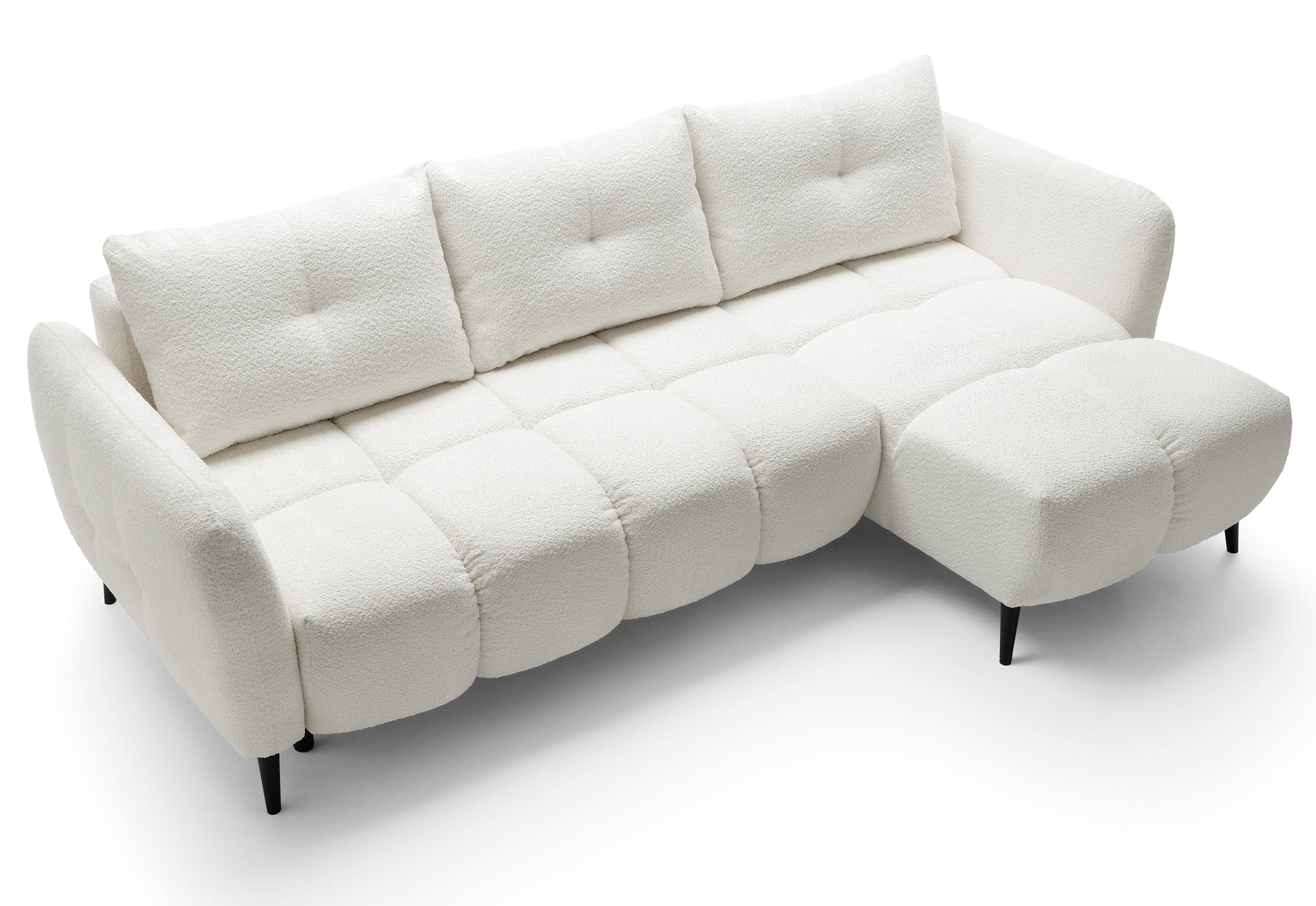 Ecksofa mit Schlaffunktion Odisso, L-förmig, mit Stauraum, cremefarbener Bouclé-Stoff, rechtsseitig