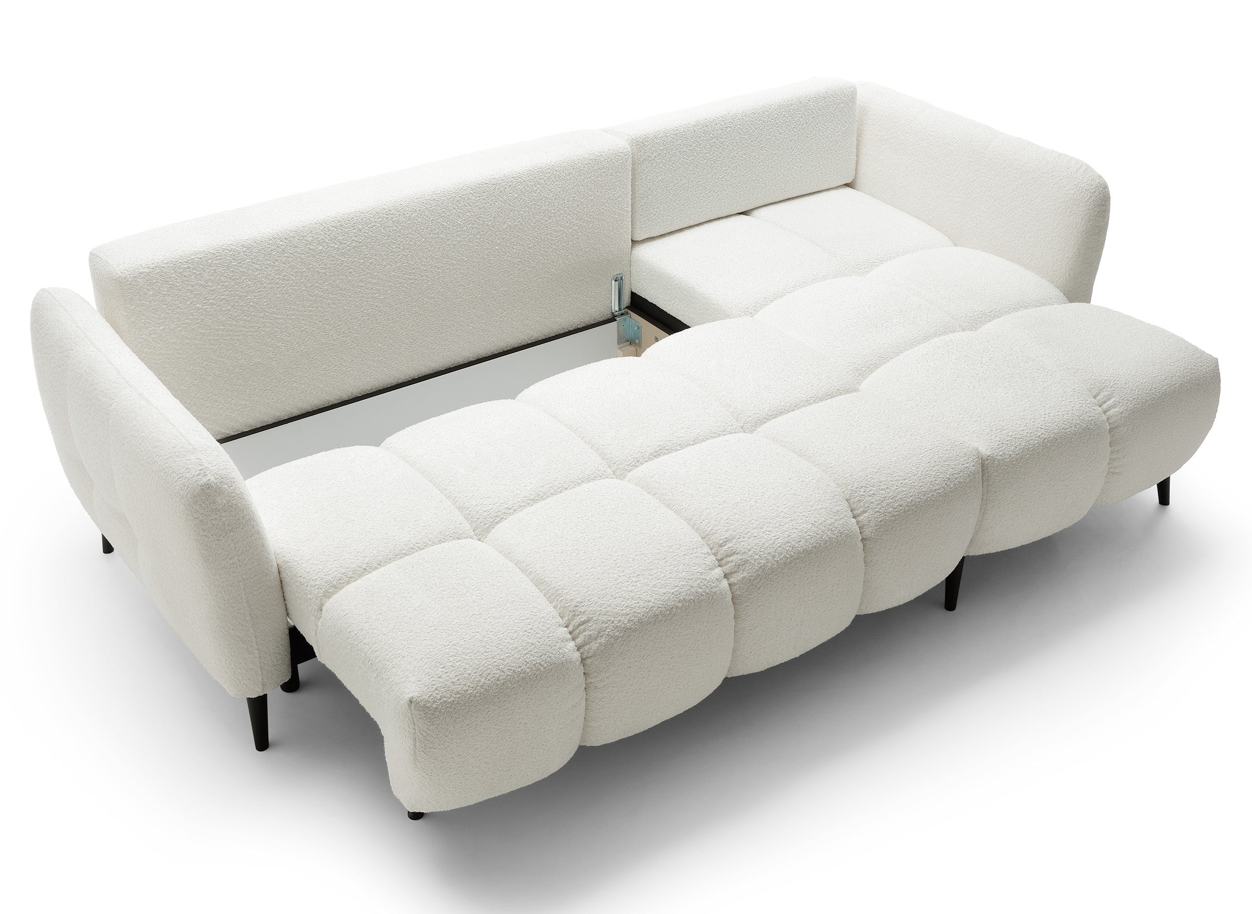Ecksofa mit Schlaffunktion Odisso, L-förmig, mit Stauraum, cremefarbener Bouclé-Stoff, rechtsseitig