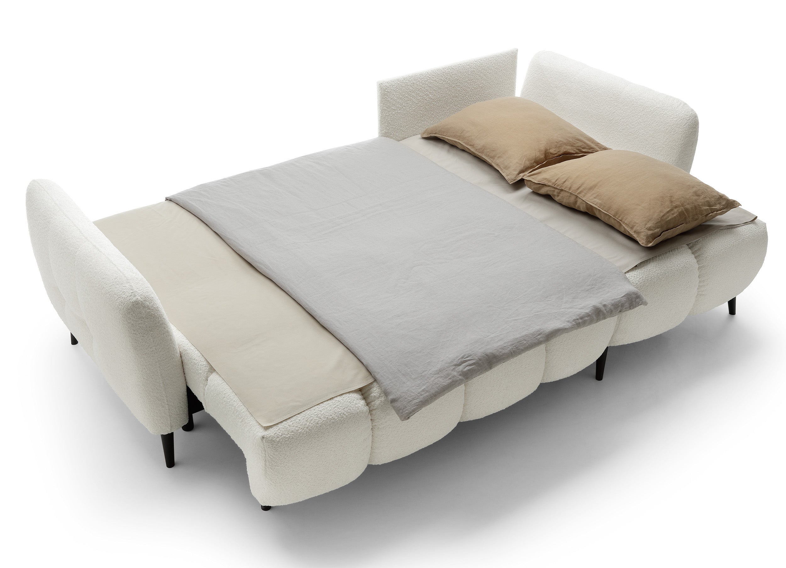 Ecksofa mit Schlaffunktion Odisso, L-förmig, mit Stauraum, cremefarbener Bouclé-Stoff, rechtsseitig