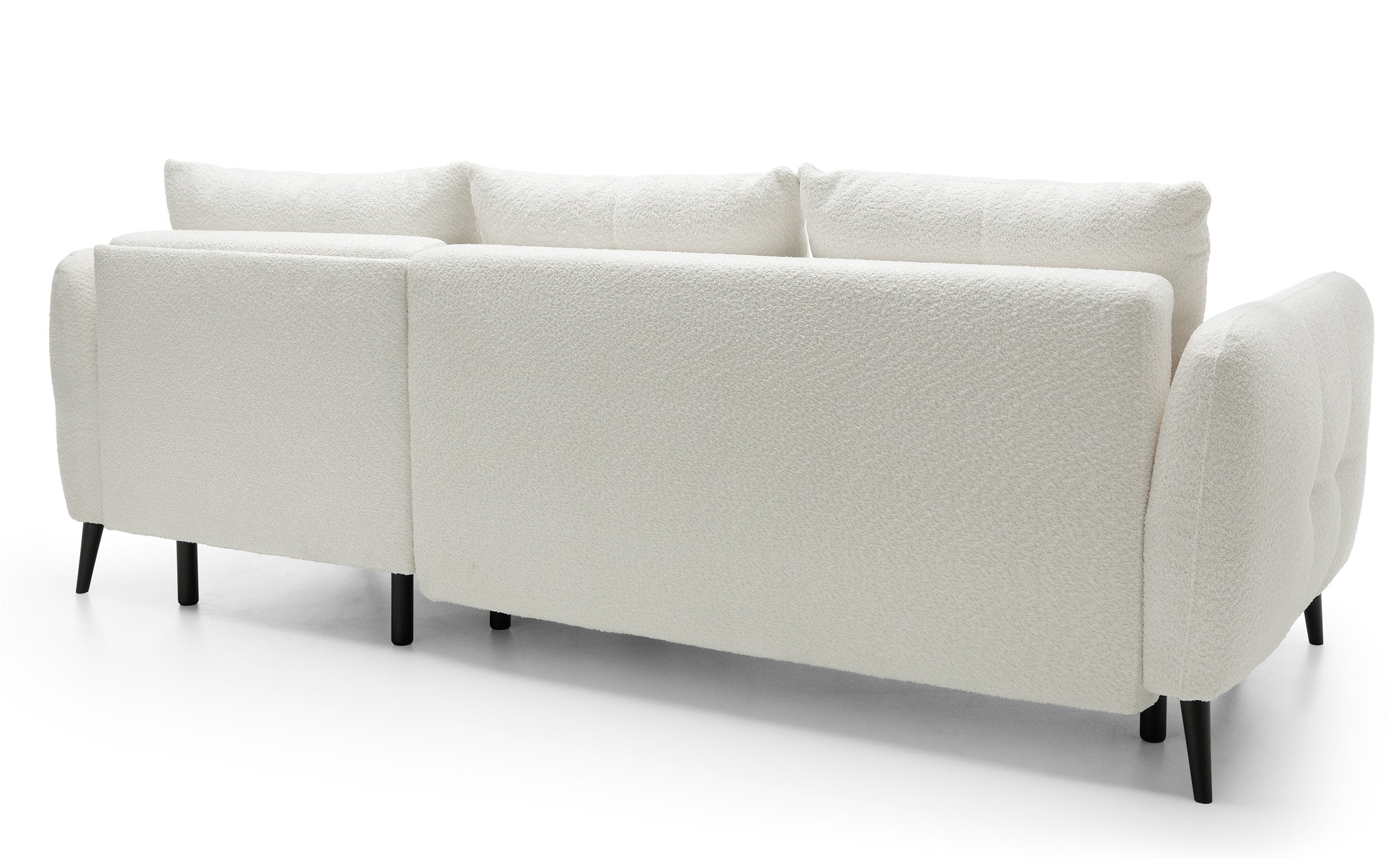 Ecksofa mit Schlaffunktion Odisso, L-förmig, mit Stauraum, cremefarbener Bouclé-Stoff, rechtsseitig