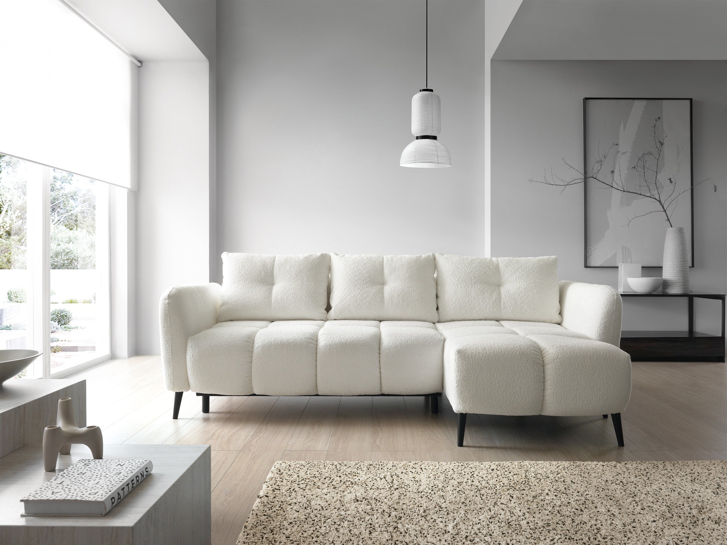 Ecksofa mit Schlaffunktion Odisso, L-förmig, mit Stauraum, cremefarbener Bouclé-Stoff, rechtsseitig