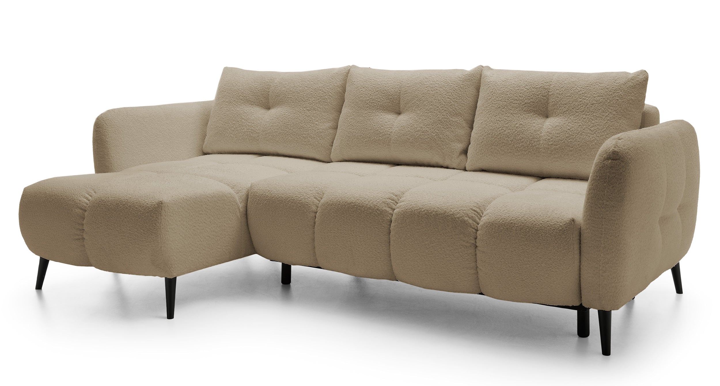 Ecksofa mit Schlaffunktion Odisso, L-förmig, mit Stauraum, hellbeiges Bouclé, linksseitig