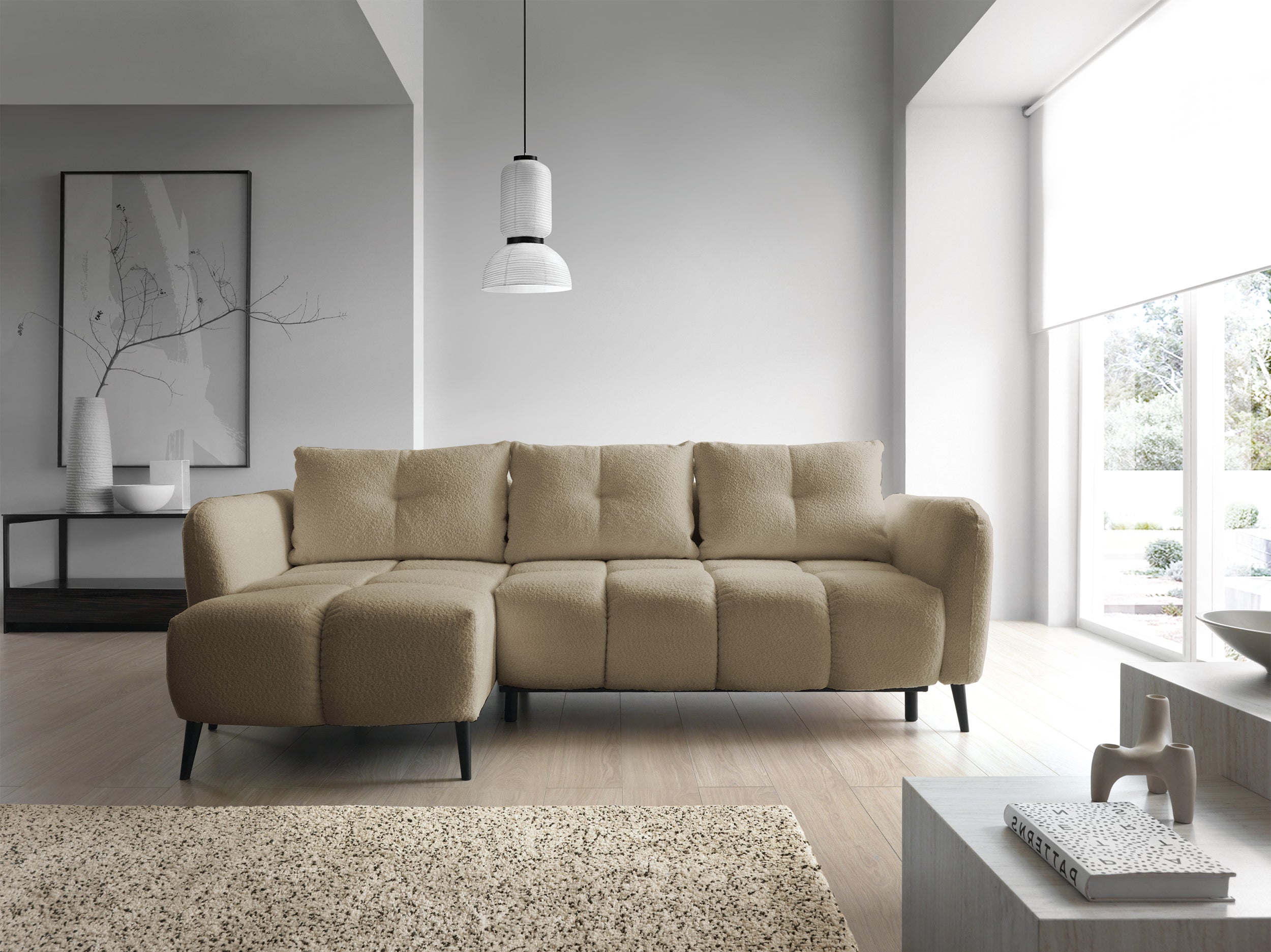 Ecksofa mit Schlaffunktion Odisso, L-förmig, mit Stauraum, hellbeiges Bouclé, linksseitig