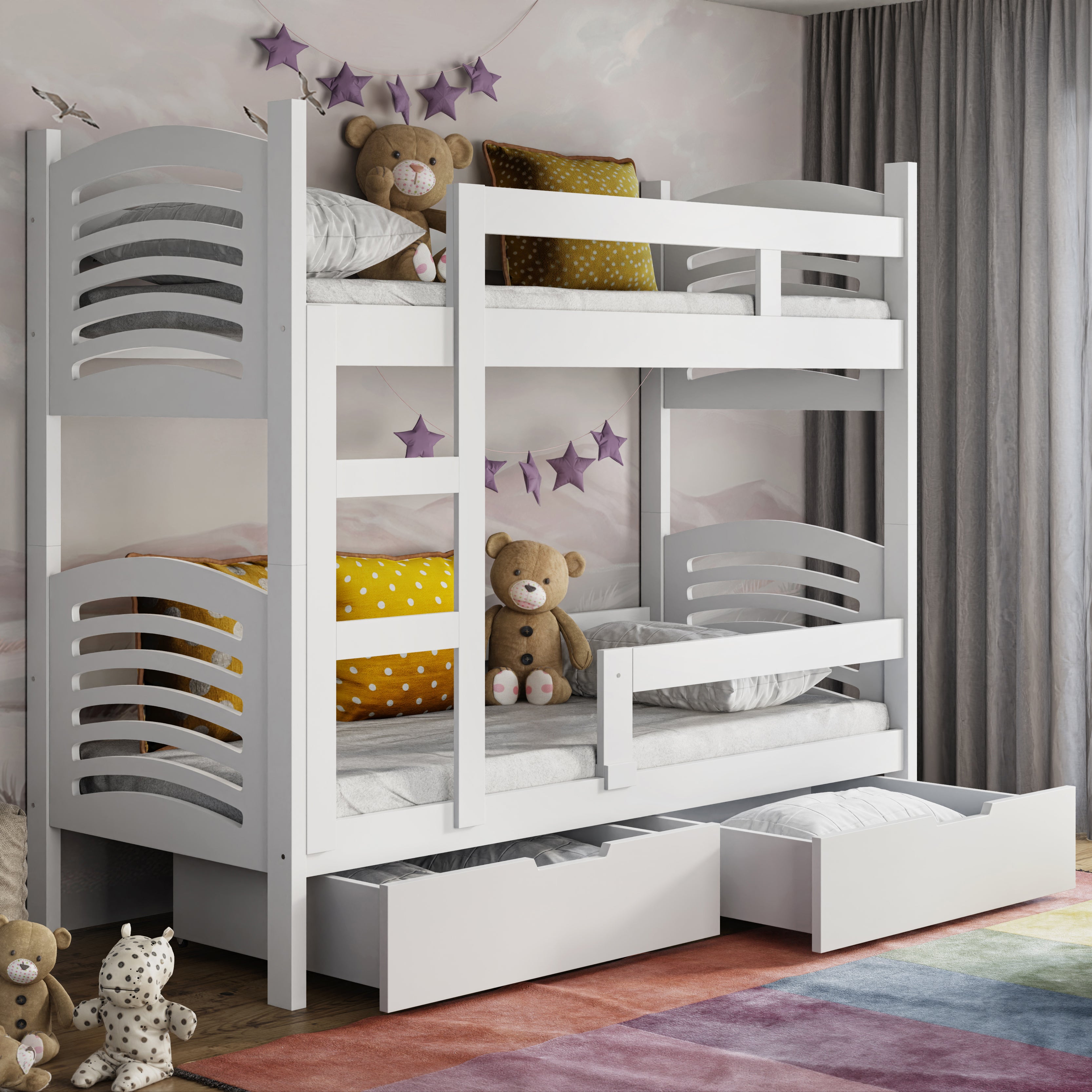 Etagenbett 75x180 cm Cami mit Schubladen, weiß