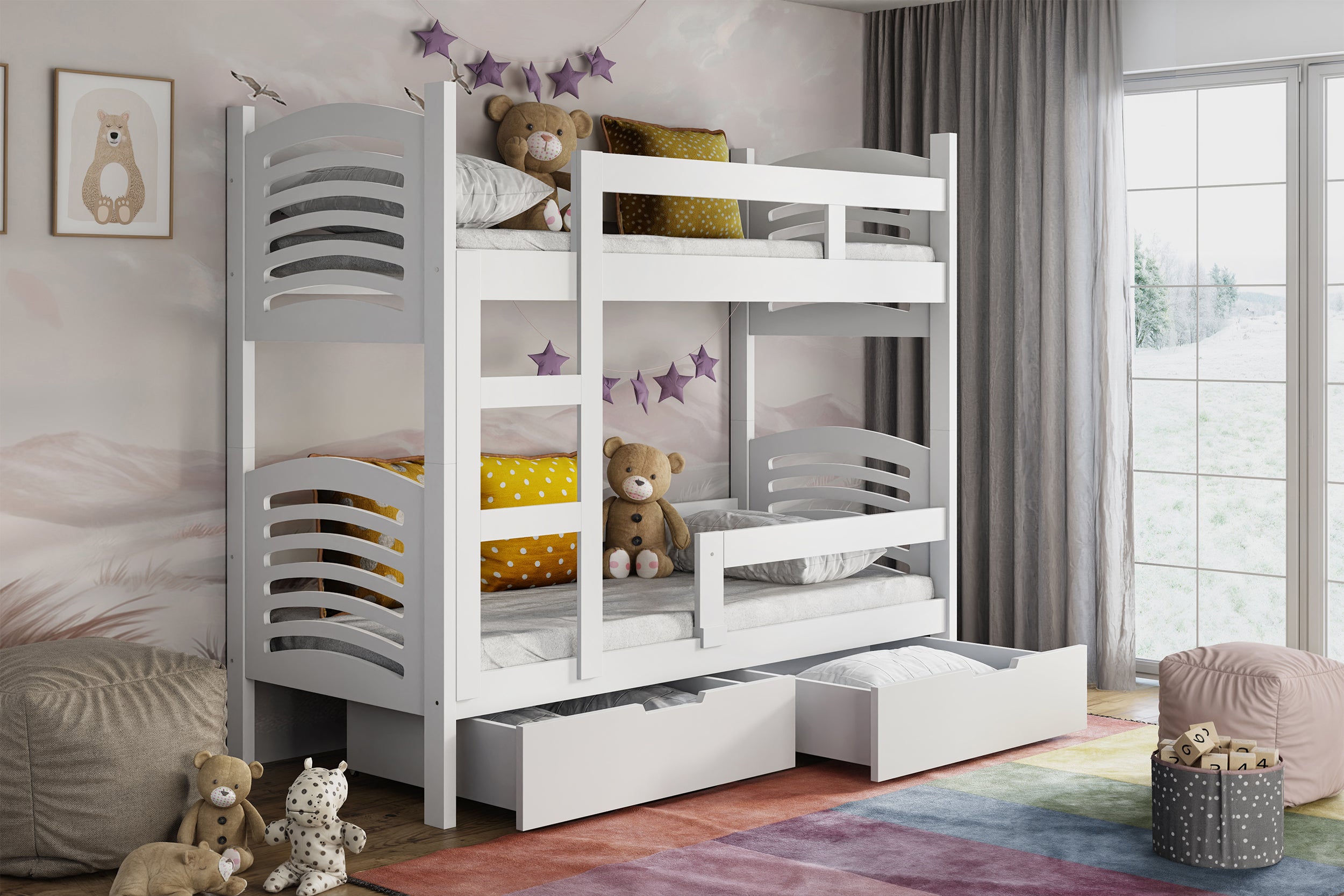 Etagenbett 75x180 cm Cami mit Schubladen, weiß