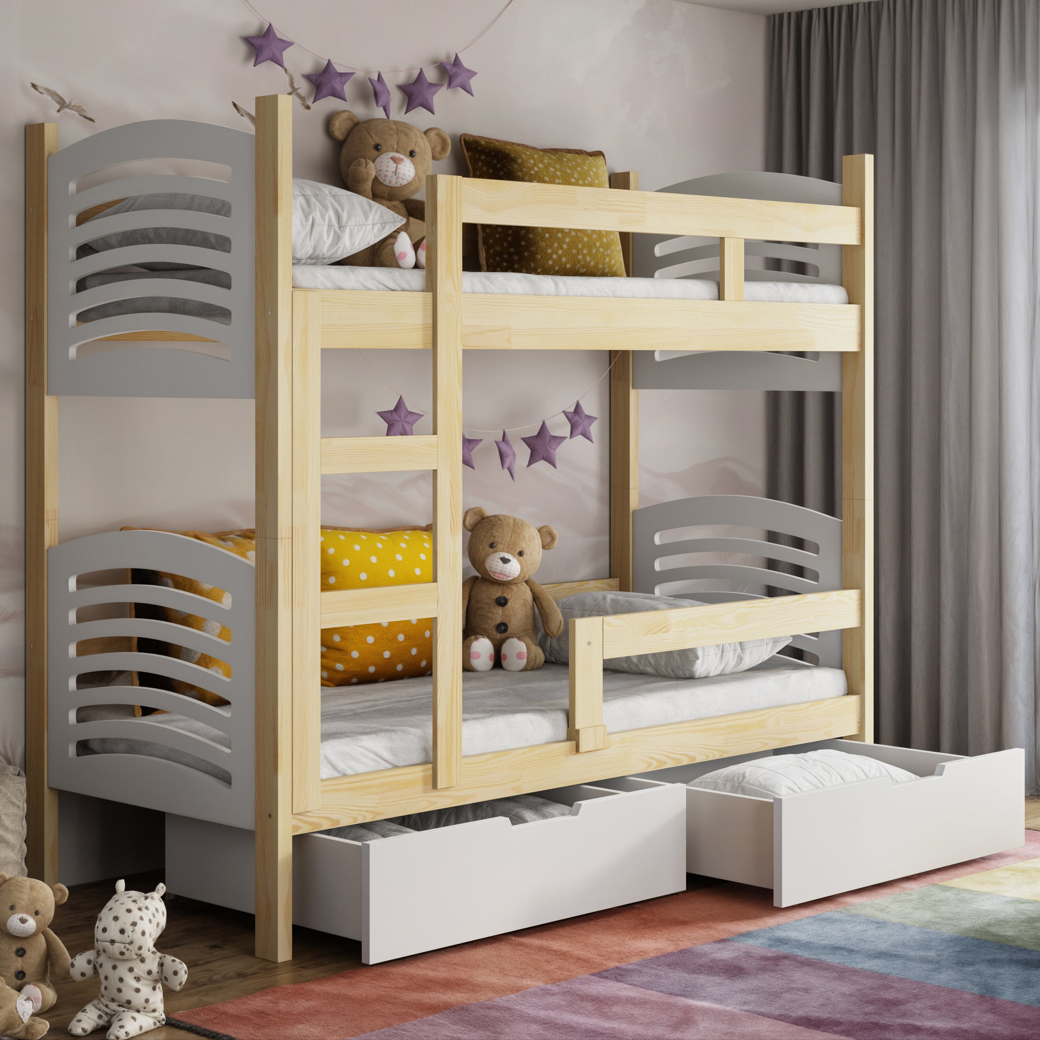 Etagenbett 75x180 cm Cami mit Schubladen Kiefer/Weiß