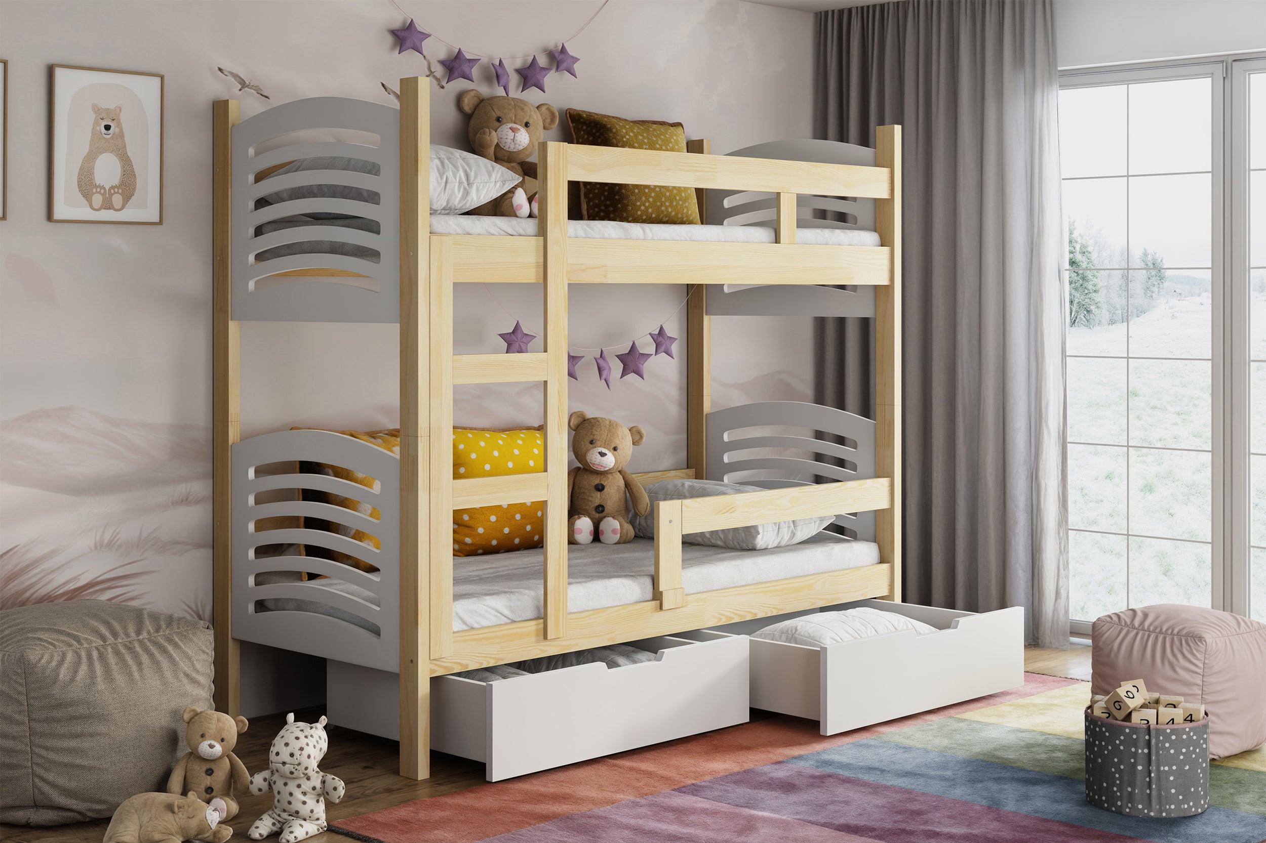 Etagenbett 75x180 cm Cami mit Schubladen Kiefer/Weiß