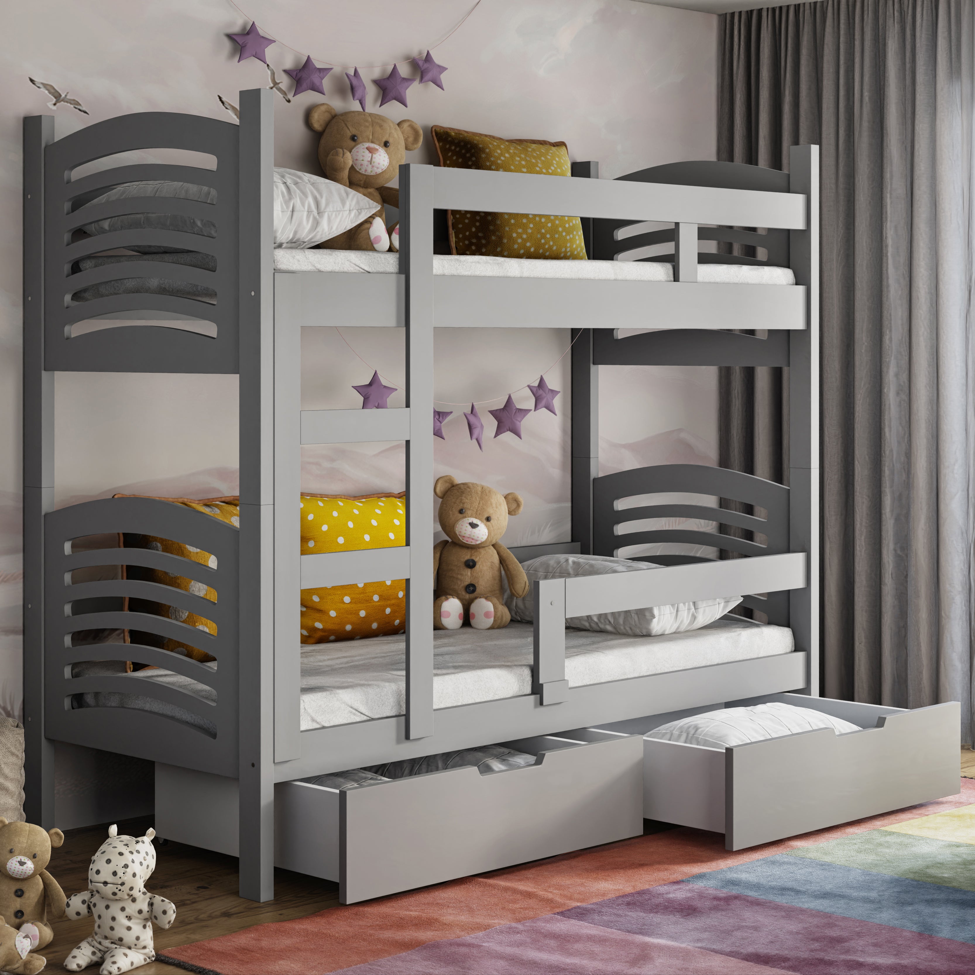 Etagenbett 75x180 cm Cami mit Schubladen, grau