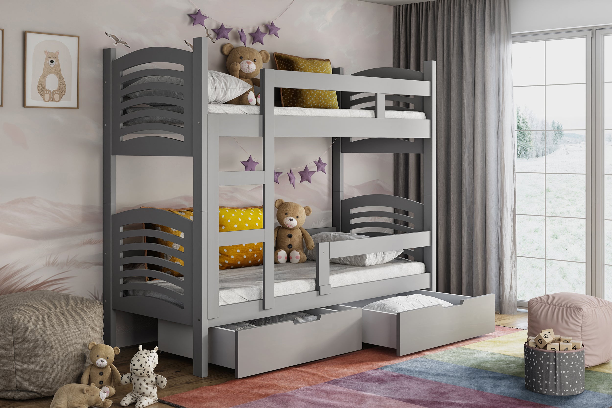 Etagenbett 75x180 cm Cami mit Schubladen, grau