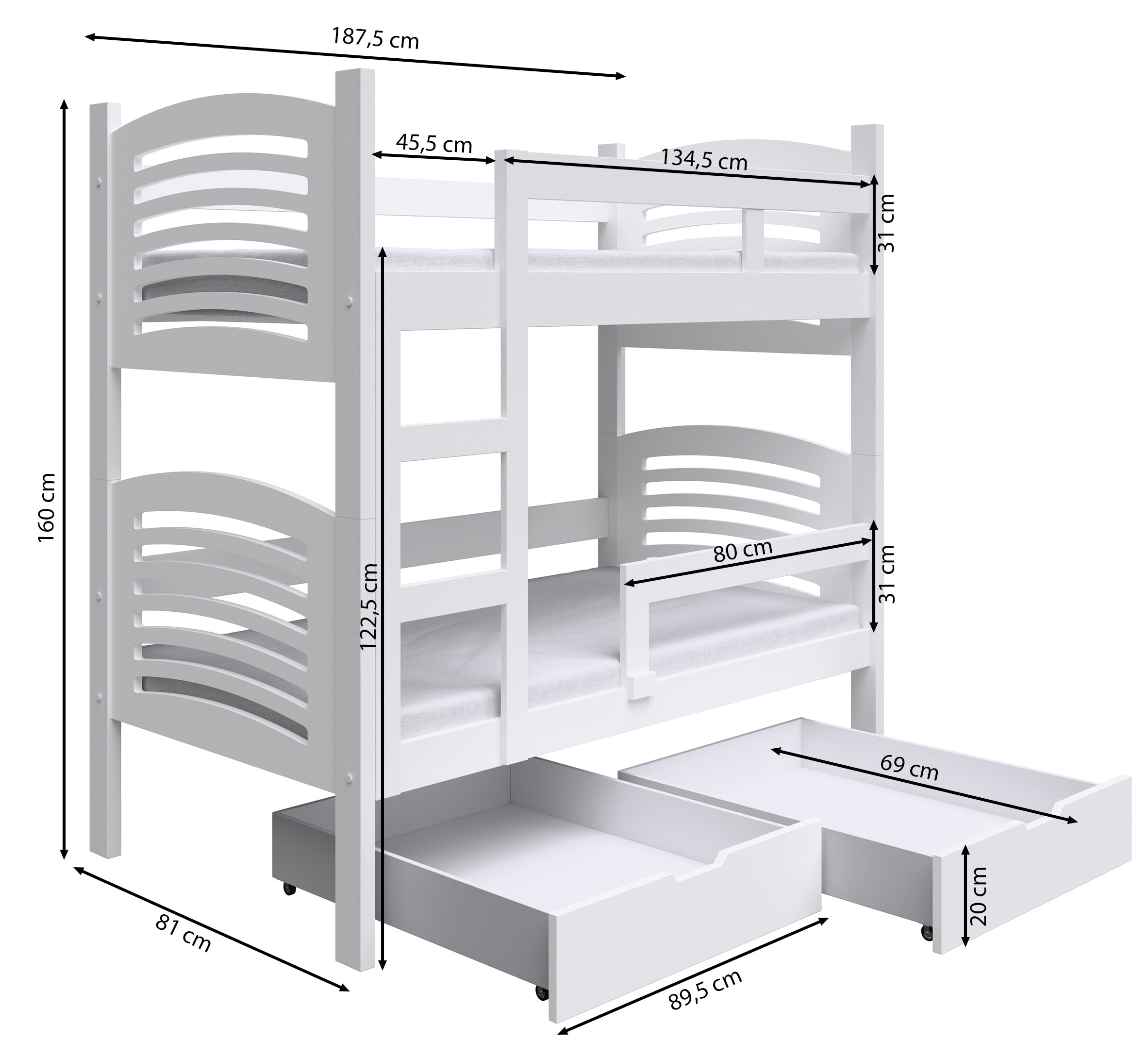 Etagenbett 75x180 cm Cami mit Schubladen, grau