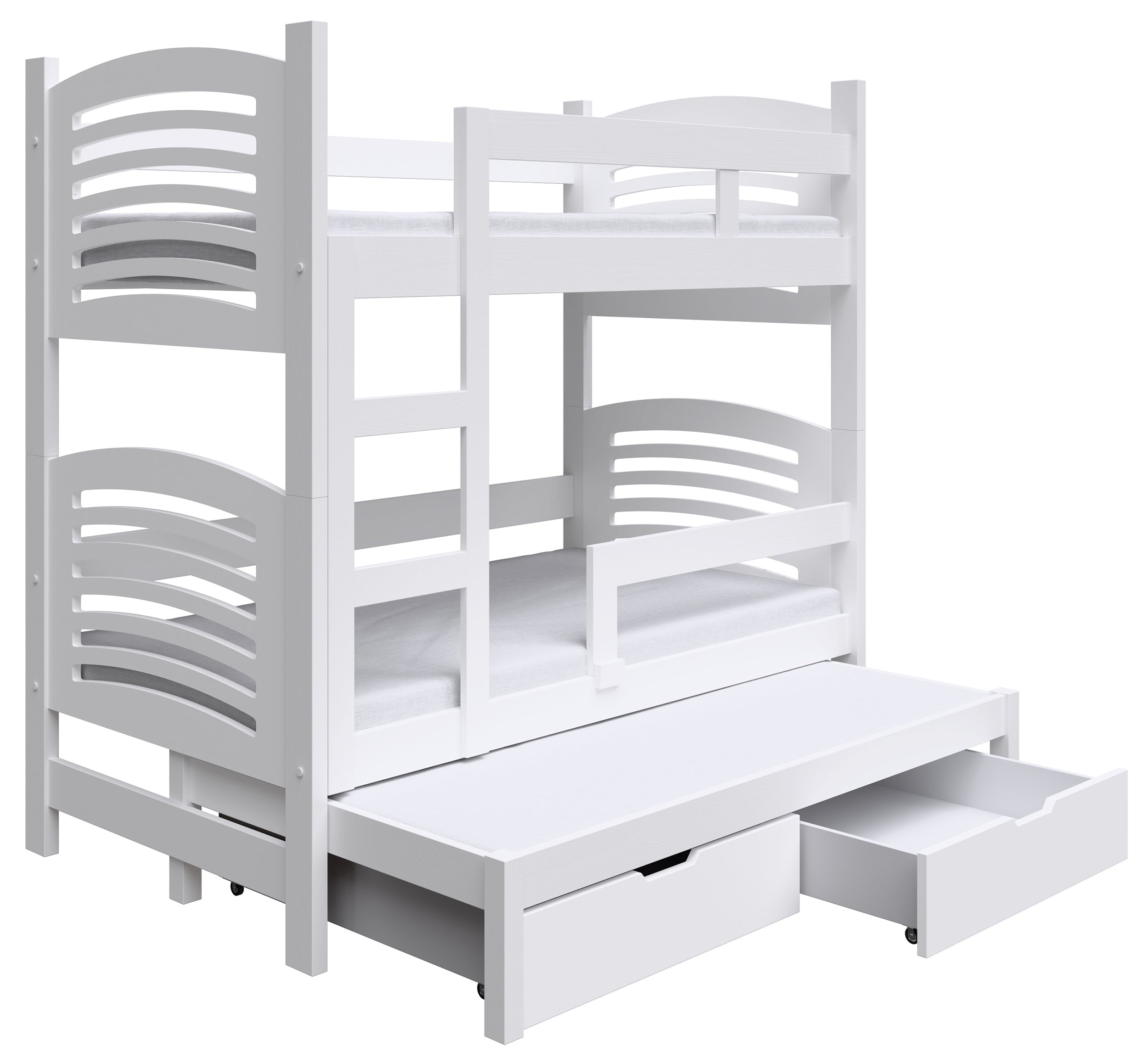 Etagenbett 75x180 cm Cami für drei Personen mit Schubladen, weiß