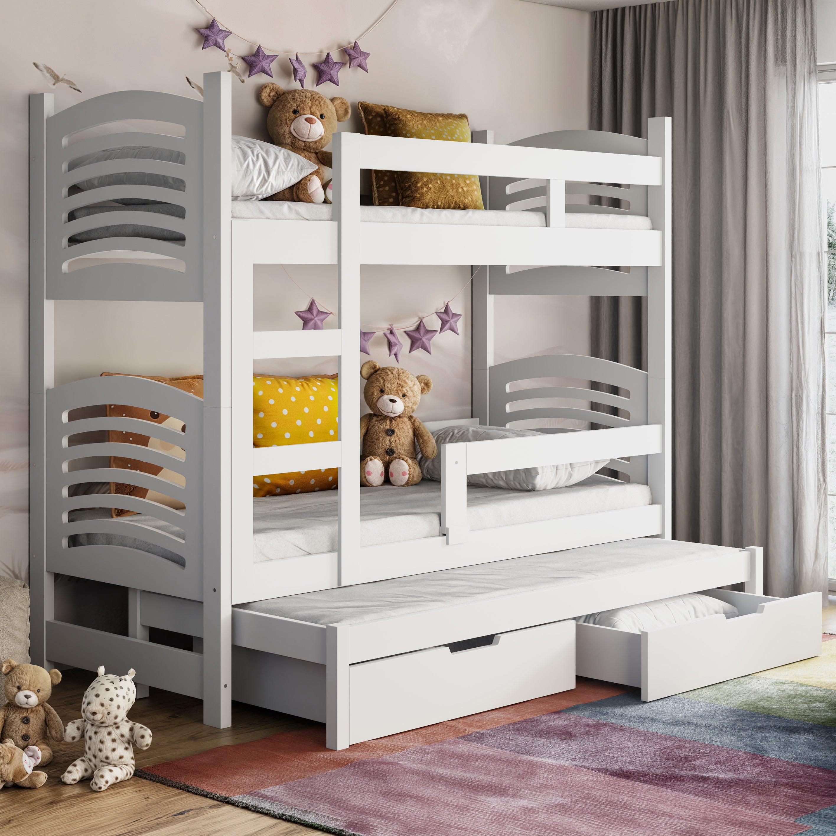 Etagenbett 75x180 cm Cami für drei Personen mit Schubladen, weiß