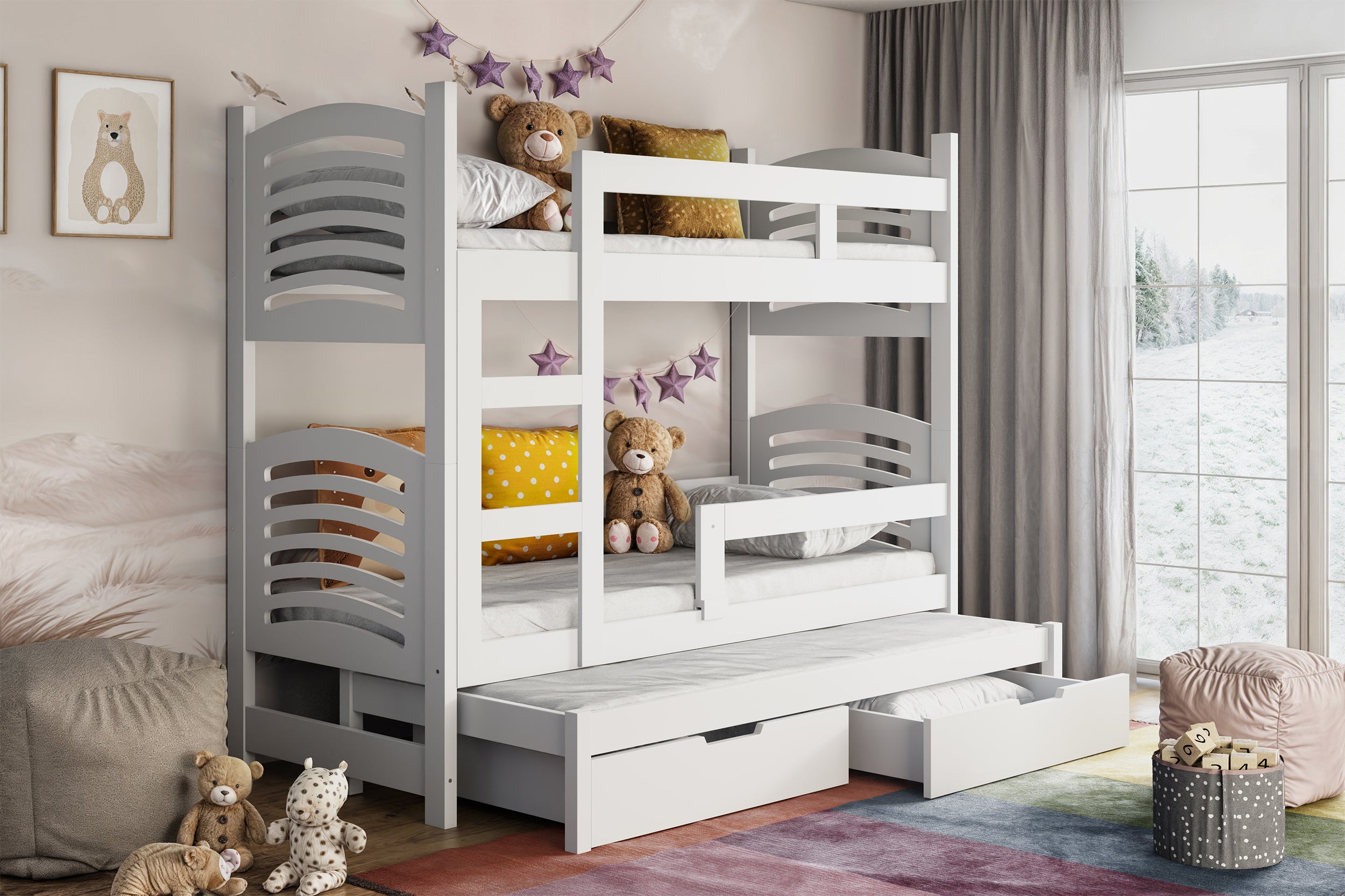 Etagenbett 75x180 cm Cami für drei Personen mit Schubladen, weiß