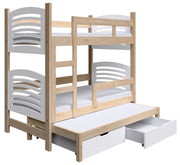 Etagenbett 75x180 cm Cami für drei Personen mit Matratzen und Schubladen Kiefer/Weiß