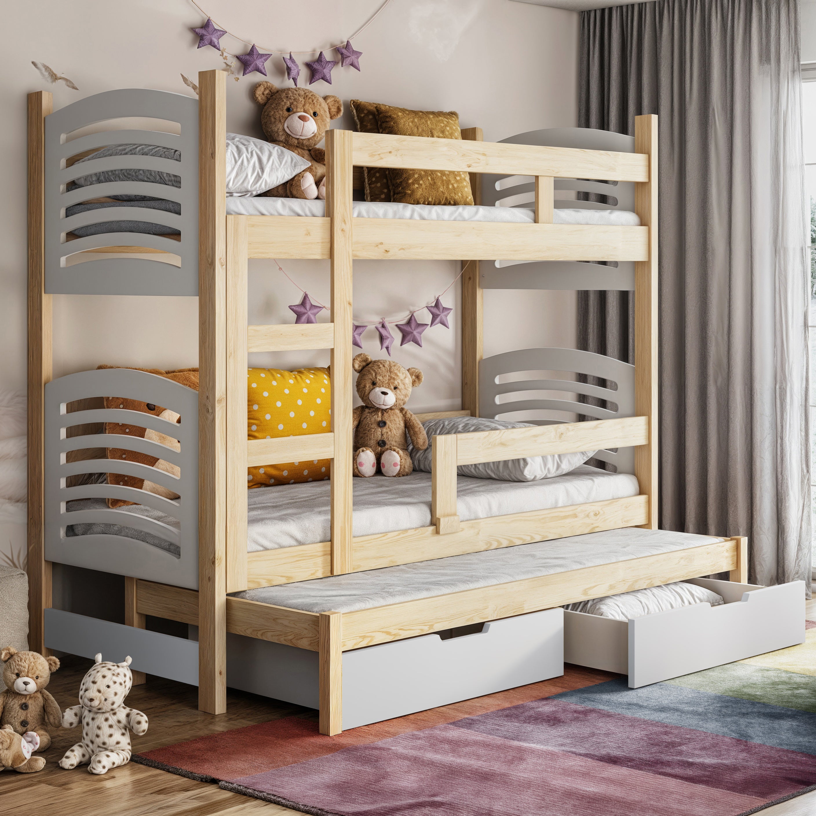 Etagenbett 75x180 cm Cami für drei Personen mit Matratzen und Schubladen Kiefer/Weiß