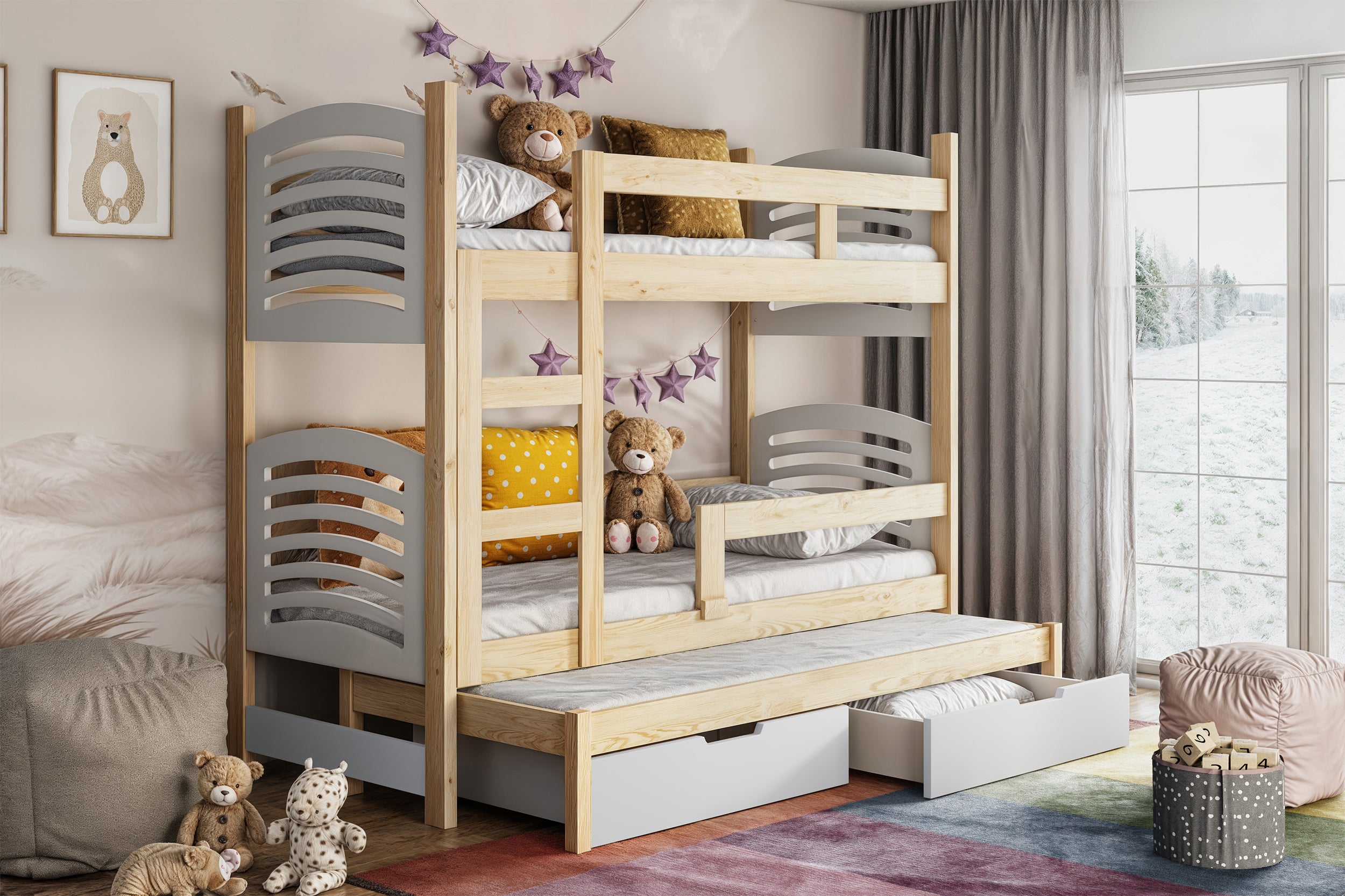Etagenbett 75x180 cm Cami für drei Personen mit Matratzen und Schubladen Kiefer/Weiß