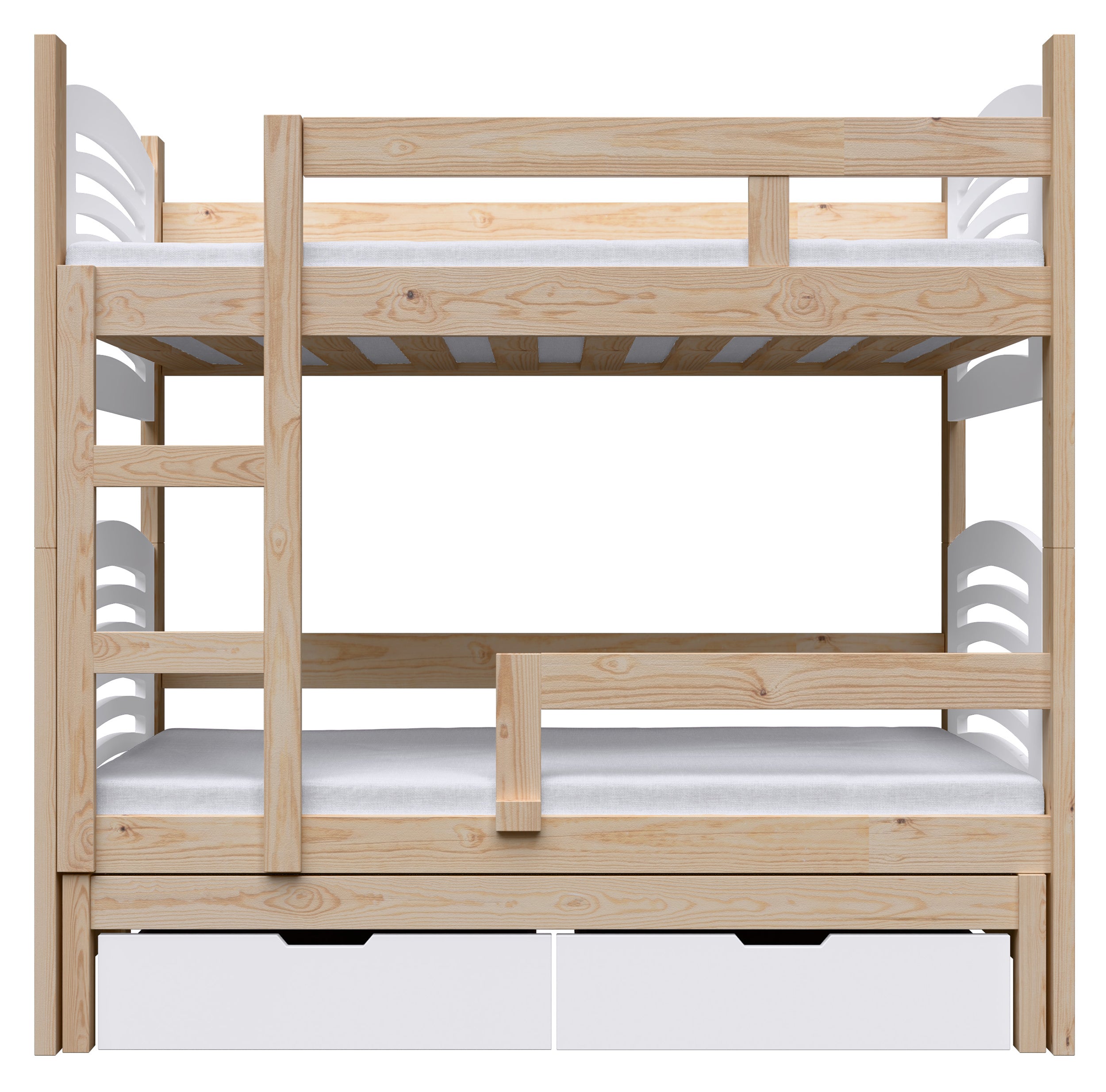 Etagenbett 75x180 cm Cami für drei Personen mit Matratzen und Schubladen Kiefer/Weiß