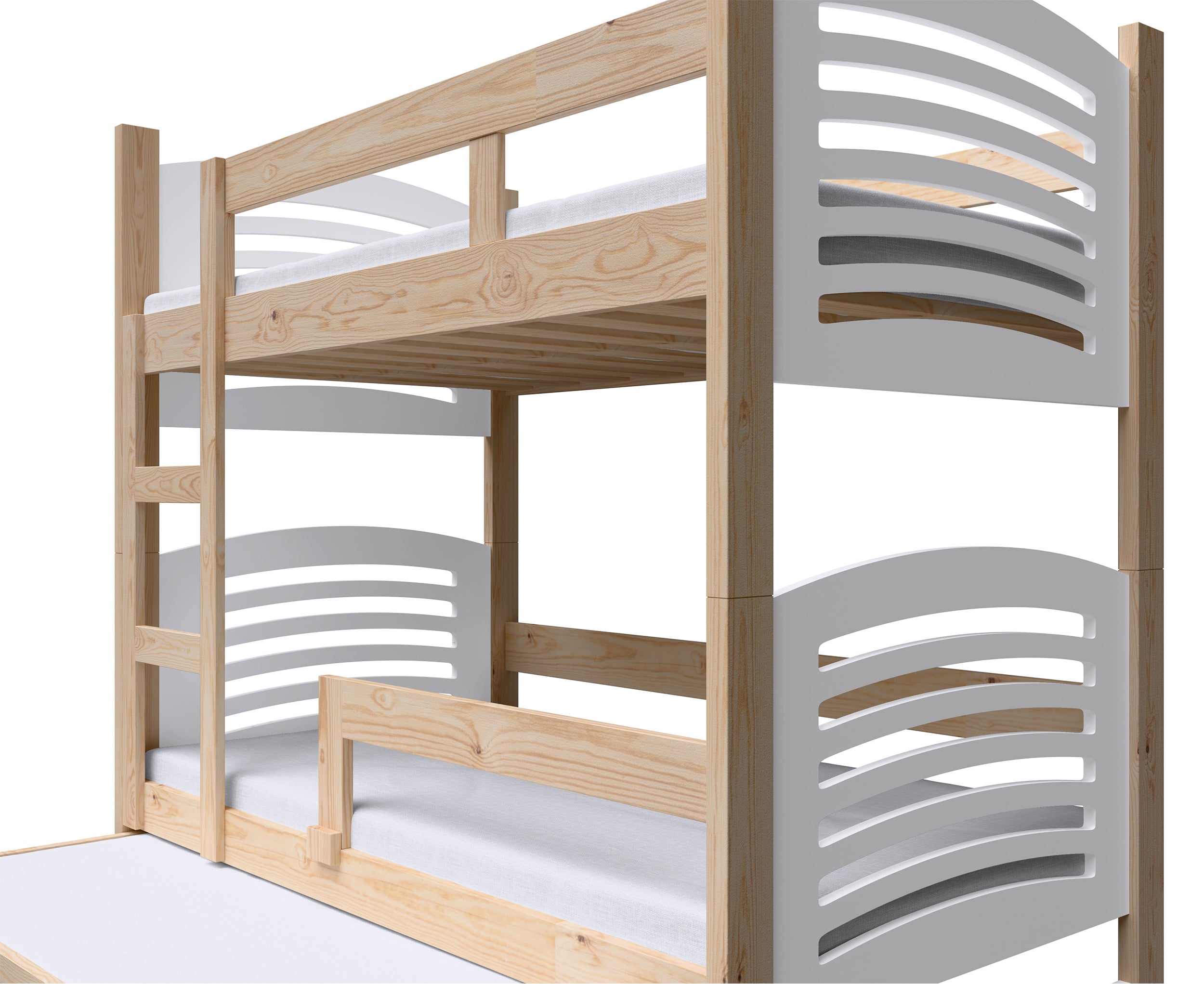 Etagenbett 75x180 cm Cami für drei Personen mit Matratzen und Schubladen Kiefer/Weiß