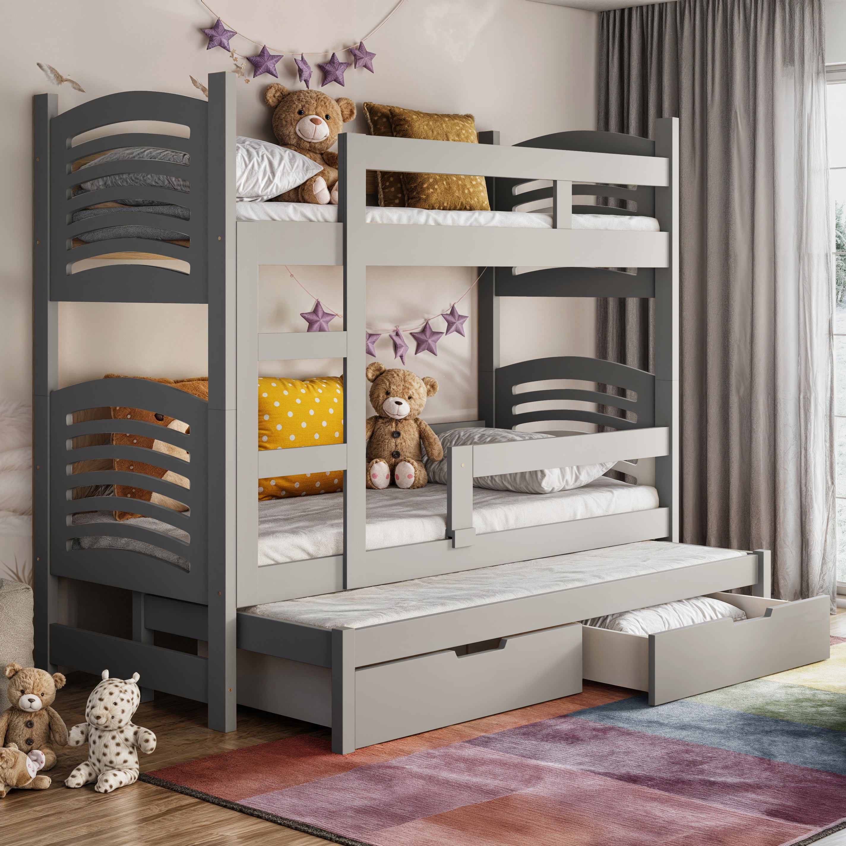Etagenbett 75x180 cm Cami für drei Personen mit Matratzen und Schubladen, grau