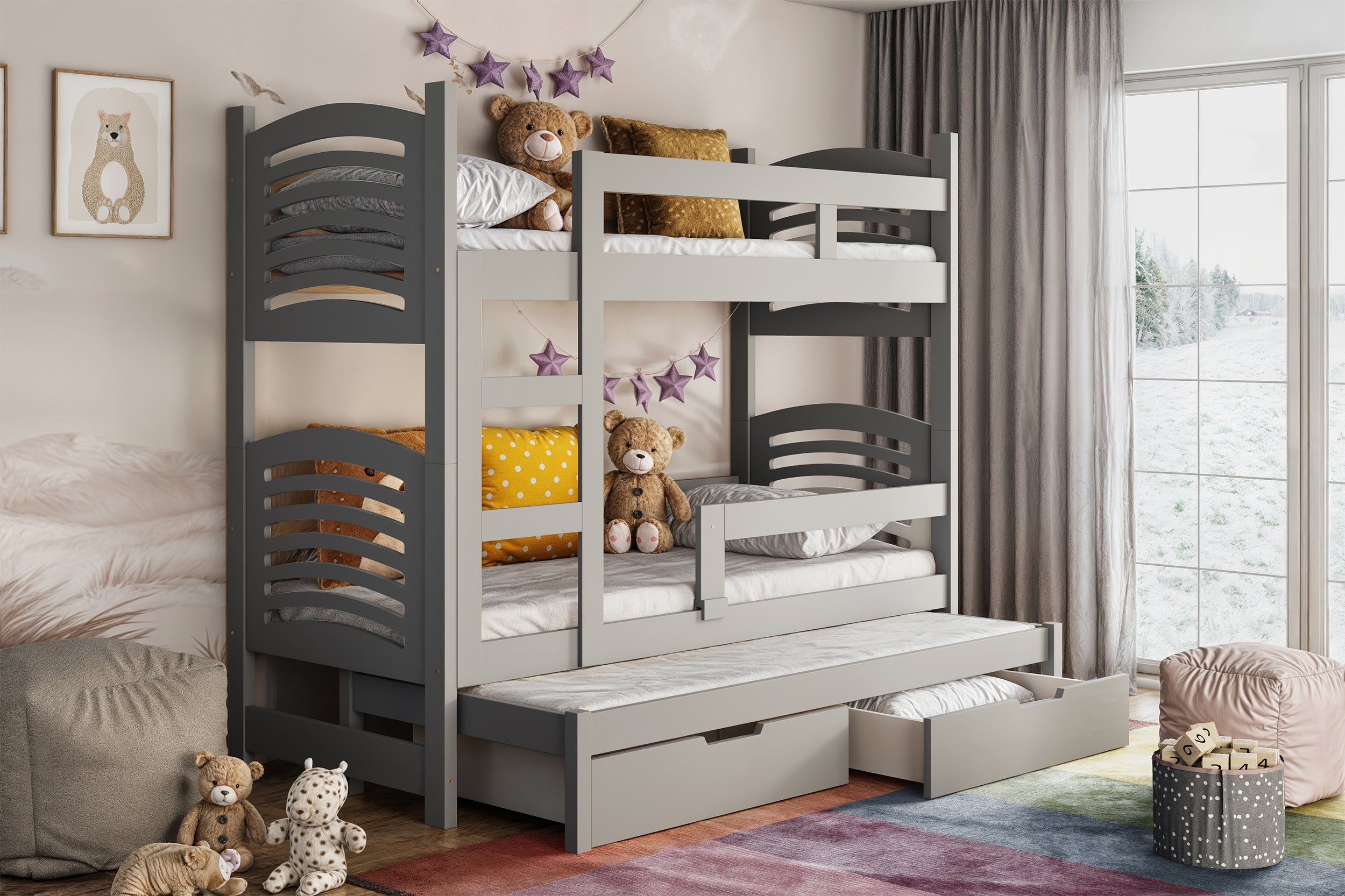 Etagenbett 75x180 cm Cami für drei Personen mit Matratzen und Schubladen, grau